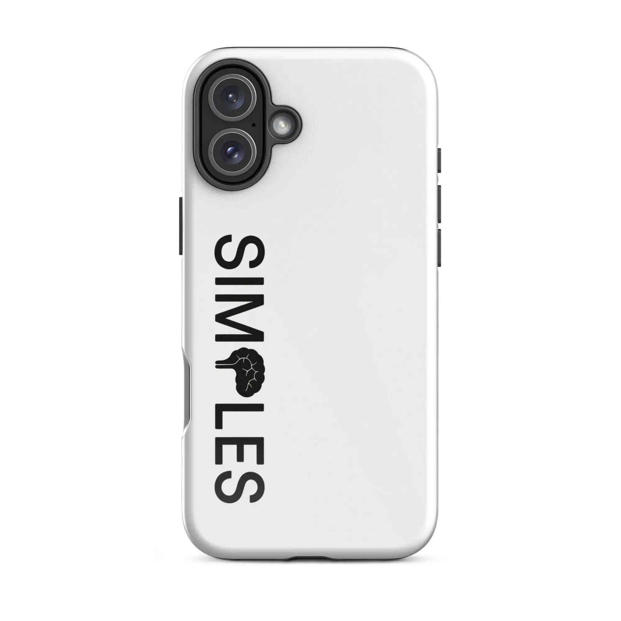 Tough Case for iPhone white with triple-camera cutout; Simples Market branding visible.