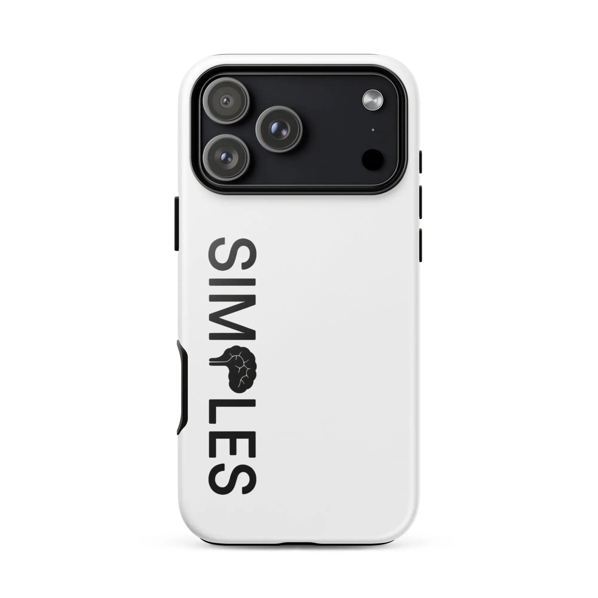 Tough Case for iPhone by Simples Market; white case with black camera module cutouts and side buttons