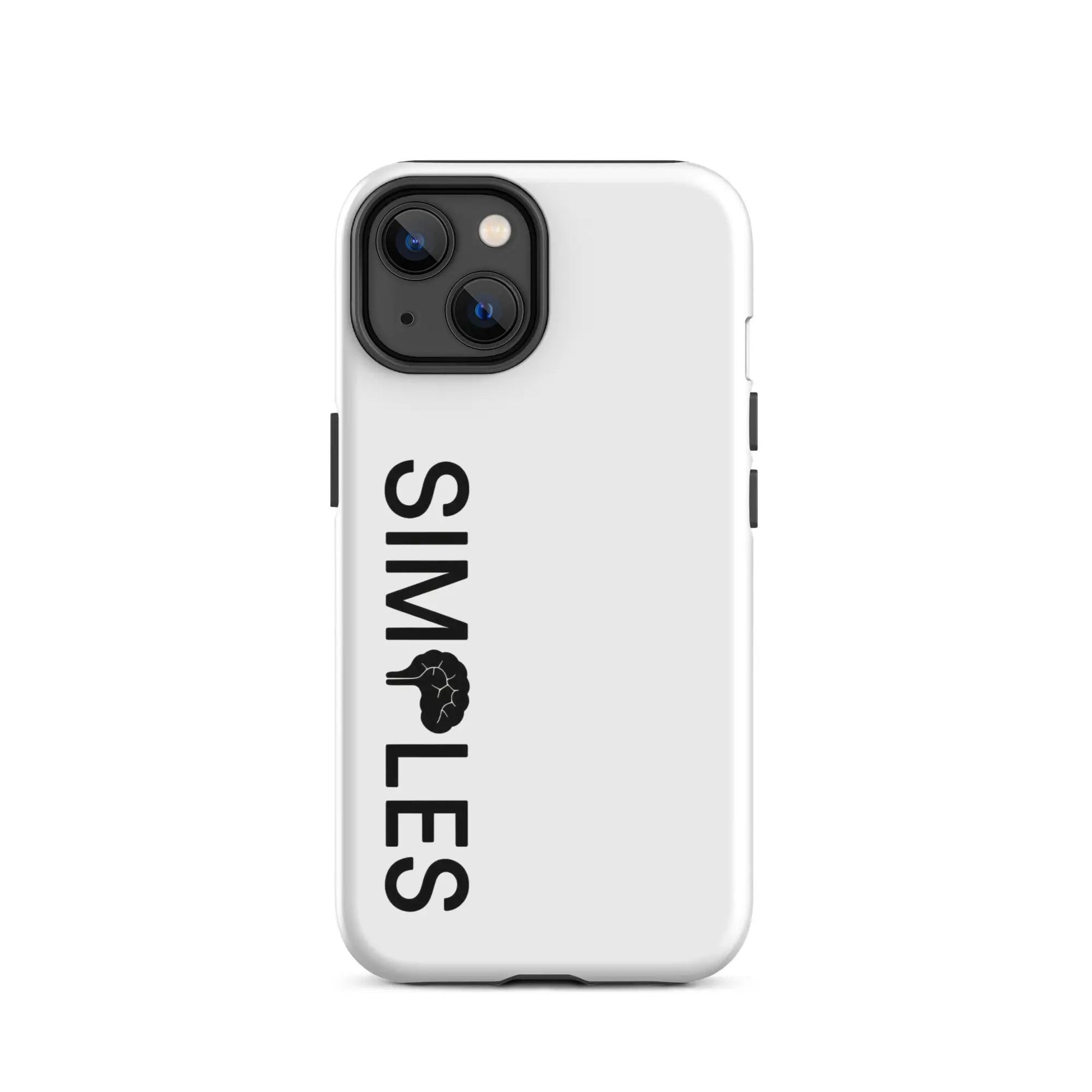Tough Case for iPhone; white protective back cover with black camera bumper and accessible side buttons.