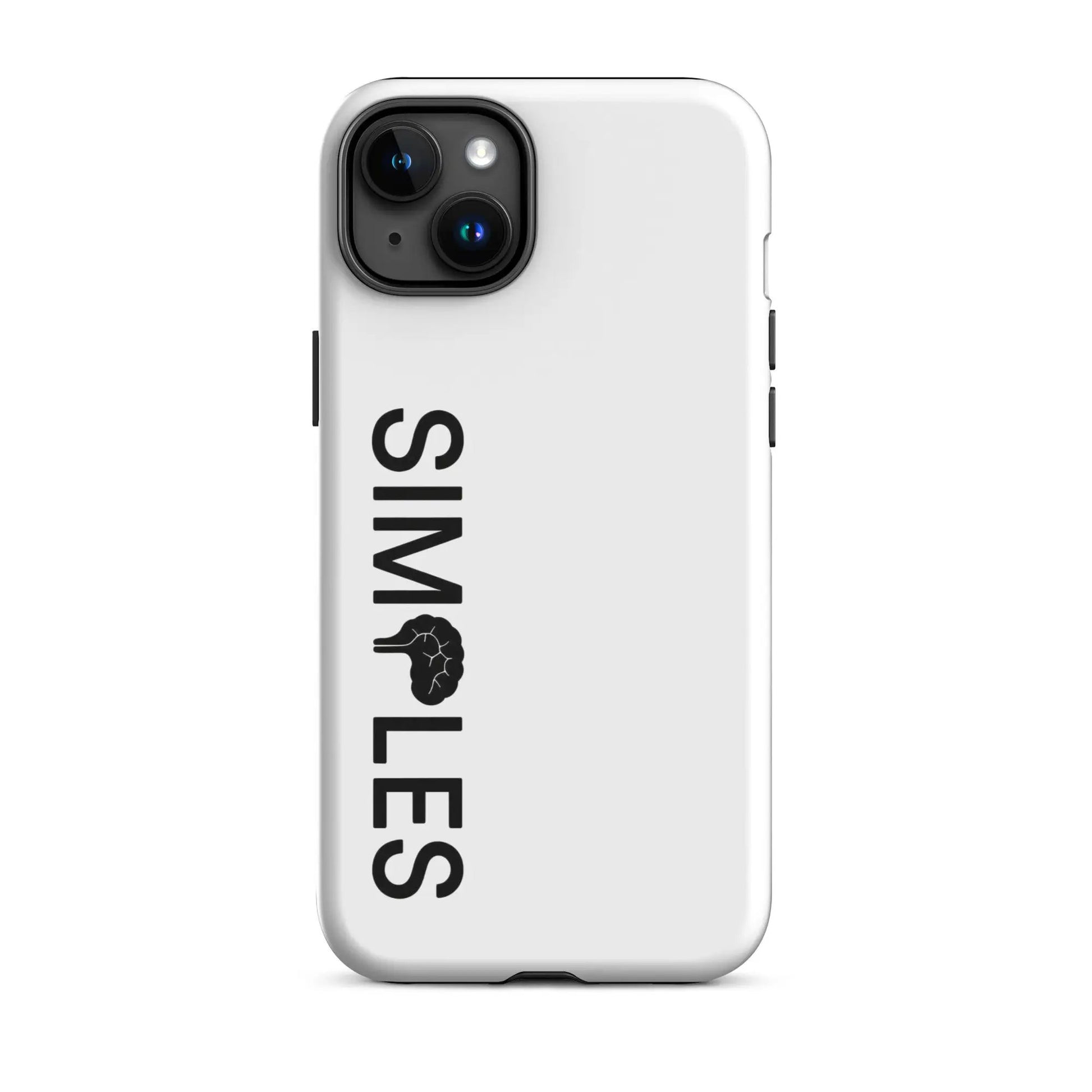 Tough Case for iPhone by Simples Market; white case with black vertical branding along back.