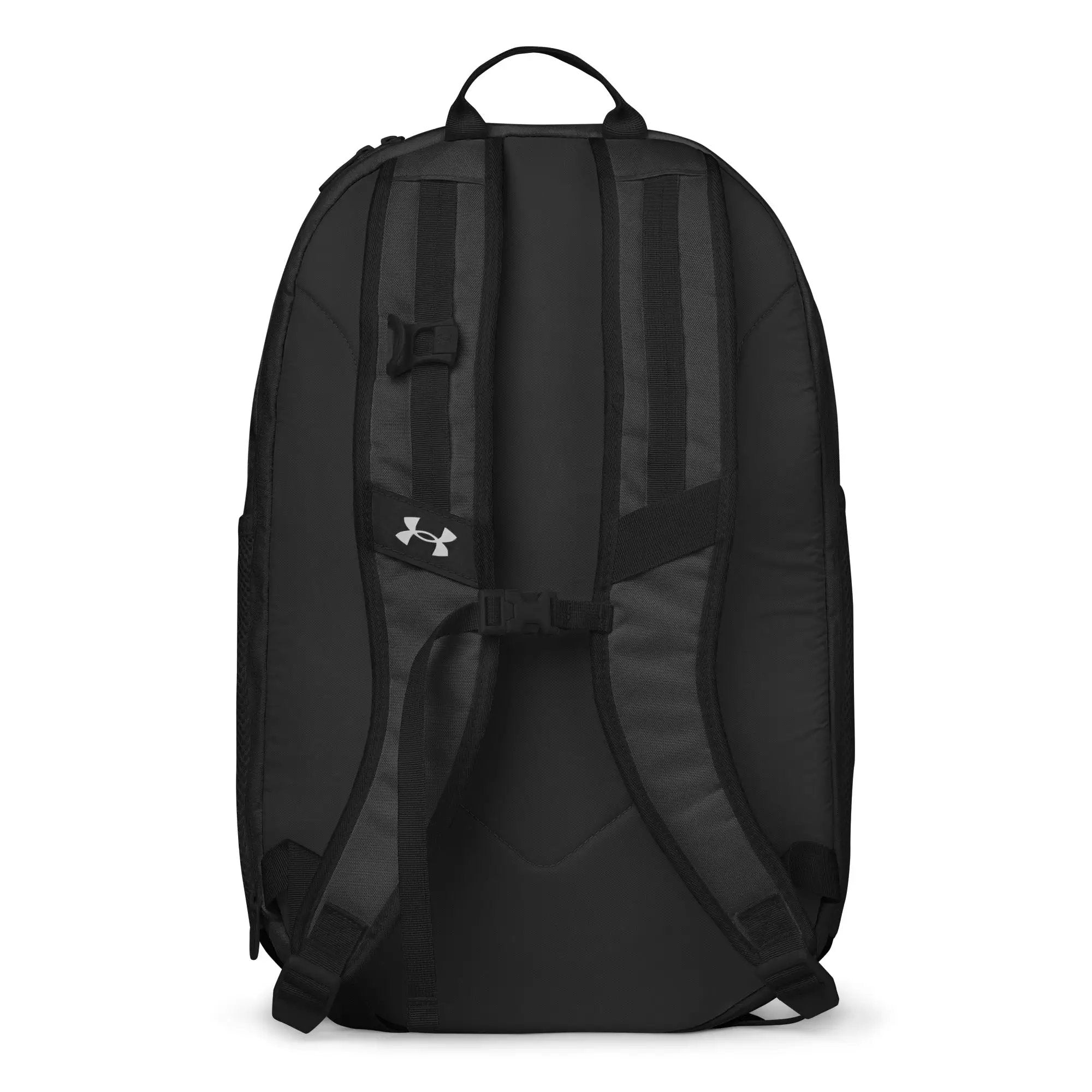 Under Armour backpack, black, back view with padded shoulder straps and top grab handle; UA logo patch