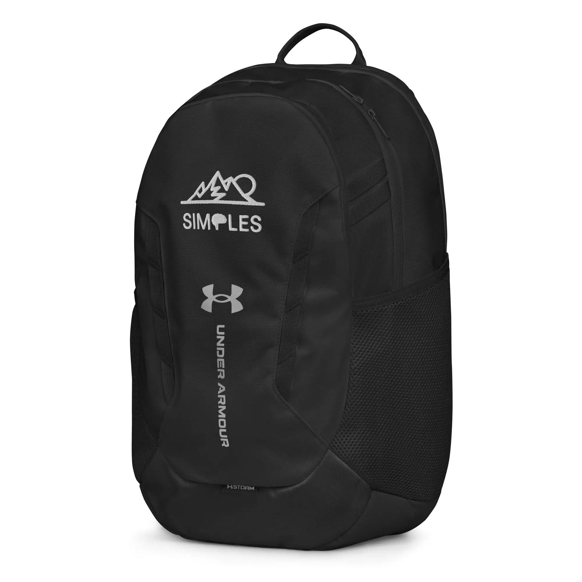 Under Armour backpack, black with visible Under Armour logo and Simples Market branding