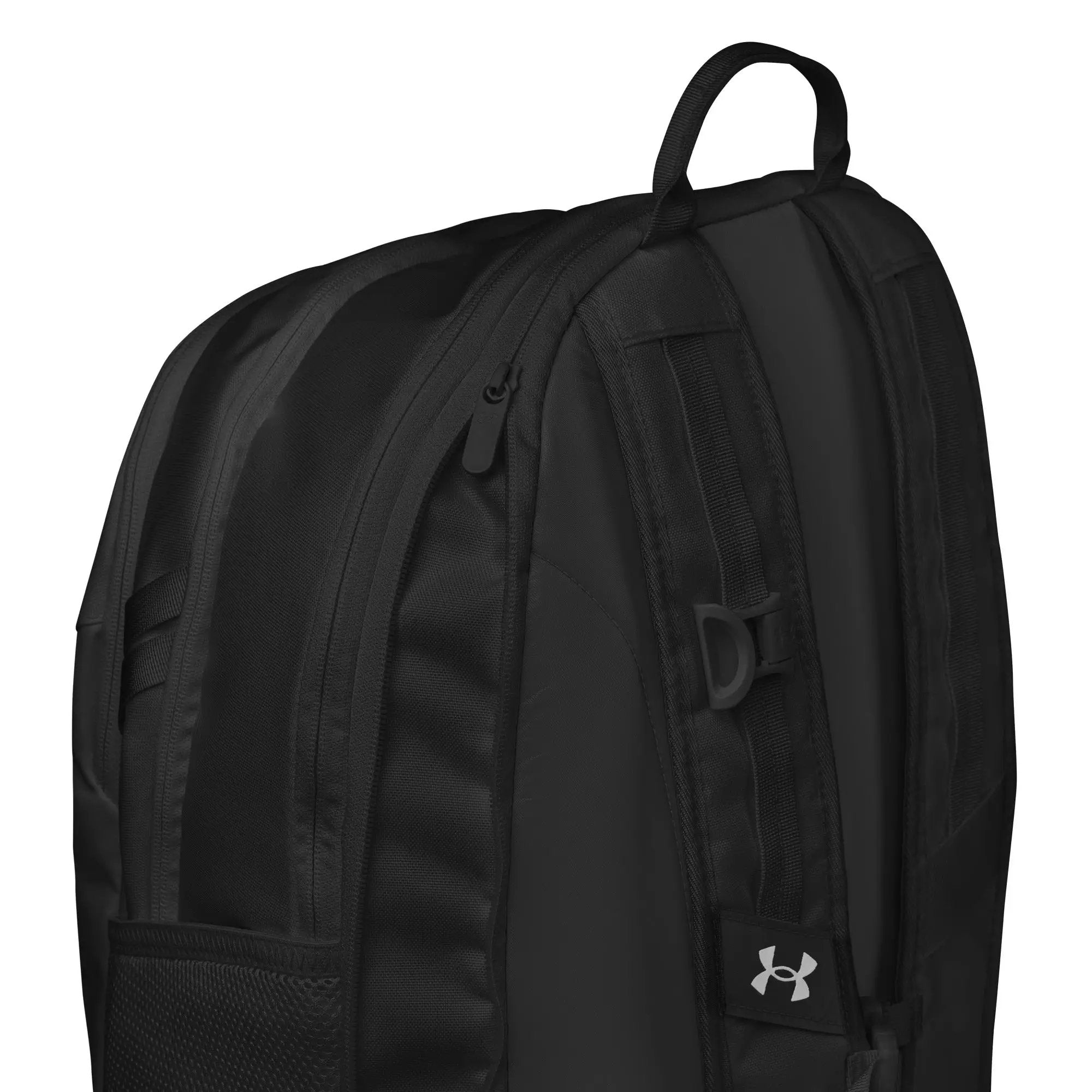 Under Armour backpack, black with UA logo patch and padded shoulder straps.