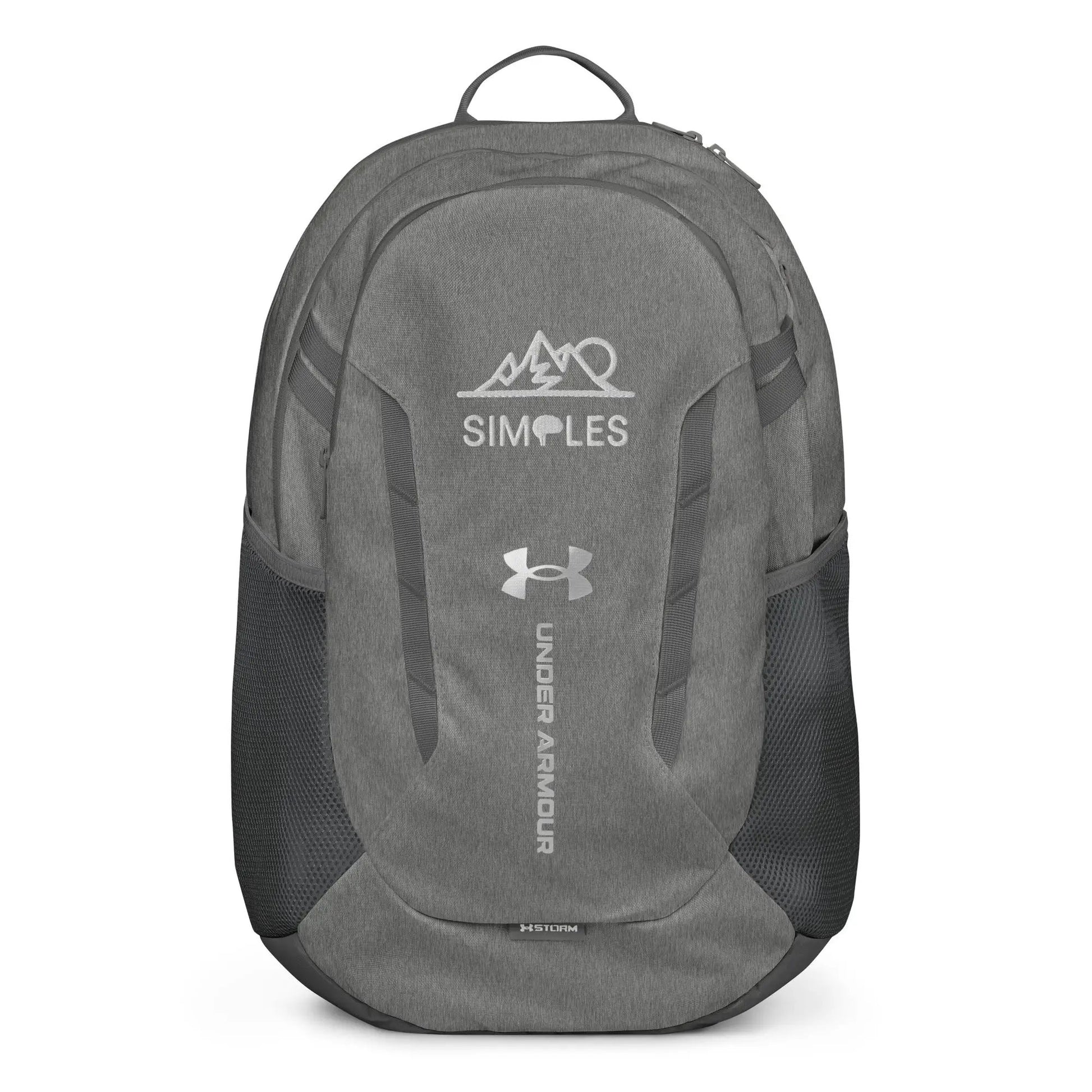 Under Armour backpack with gray heather fabric and front logo.