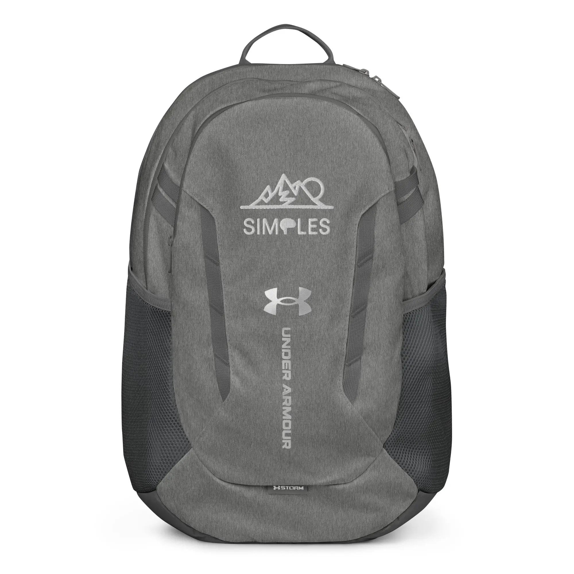Under Armour backpack with gray heather fabric and front logo.