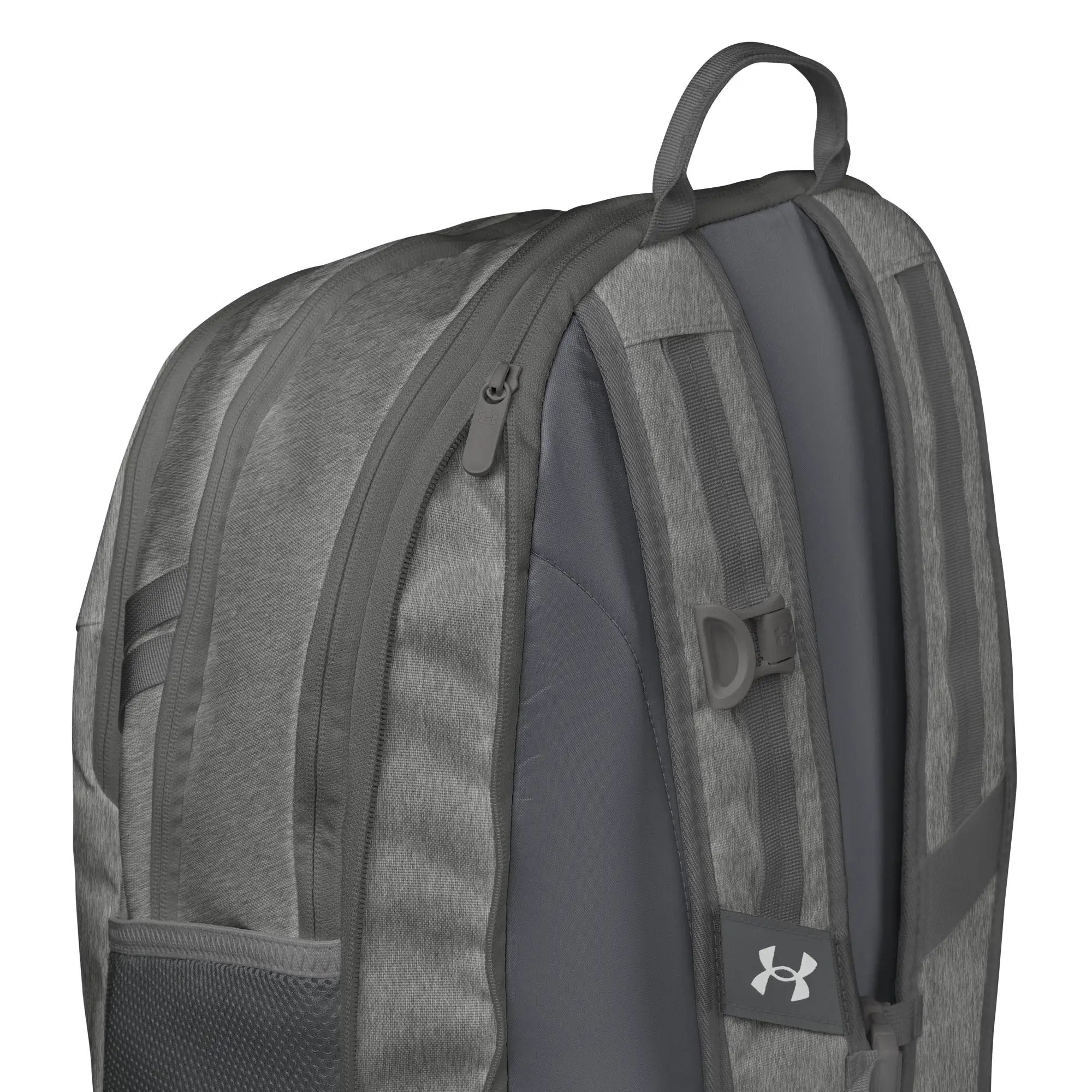 Under Armour backpack in gray heather fabric with top handle and zip pockets, UA logo tag