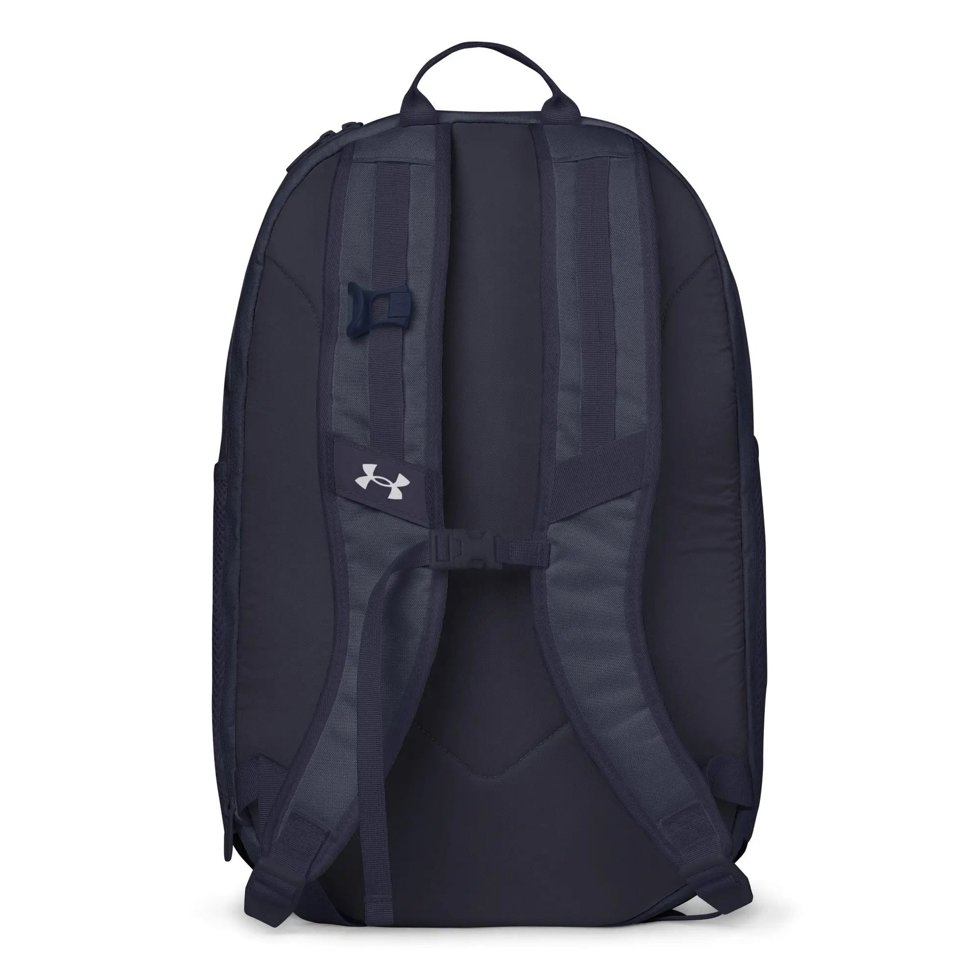 Under Armour® backpack, navy fabric with padded shoulder straps and UA logo patch.