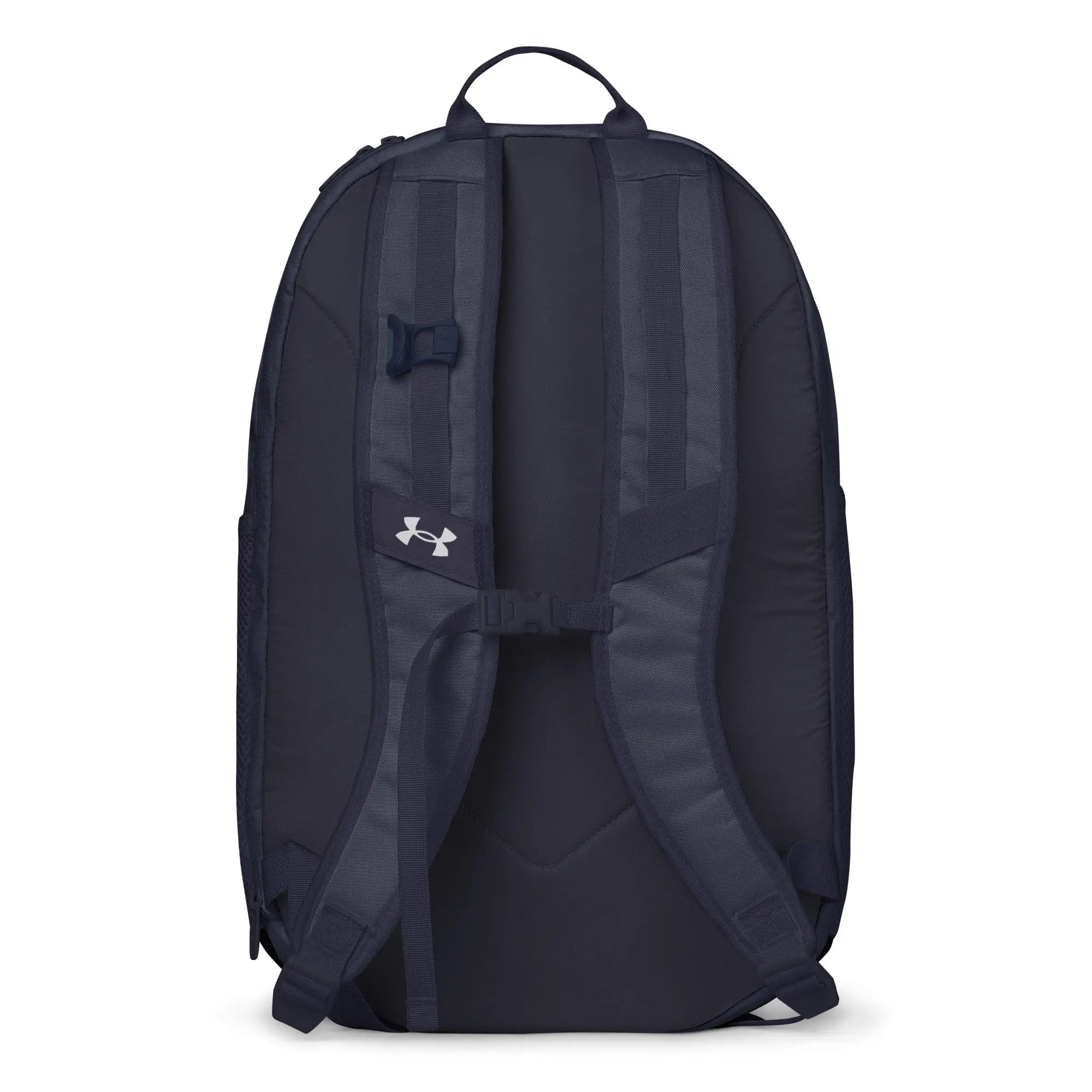 Under Armour® backpack, navy fabric with padded shoulder straps and UA logo patch.