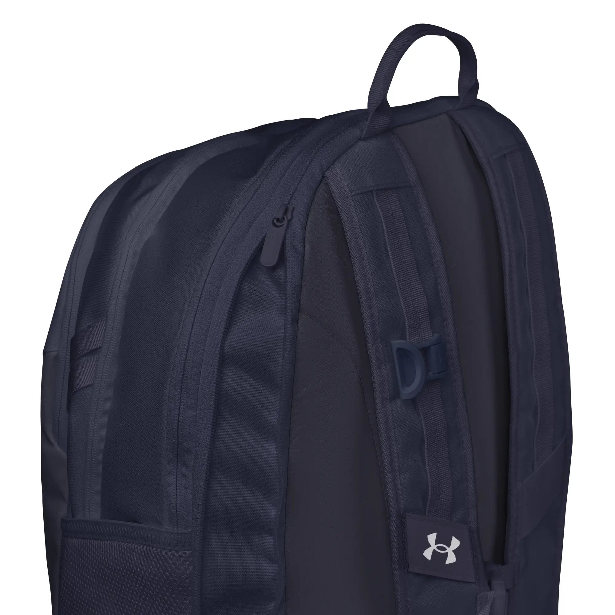 Under Armour Backpack in navy with logo tag, zippered compartments and padded straps.