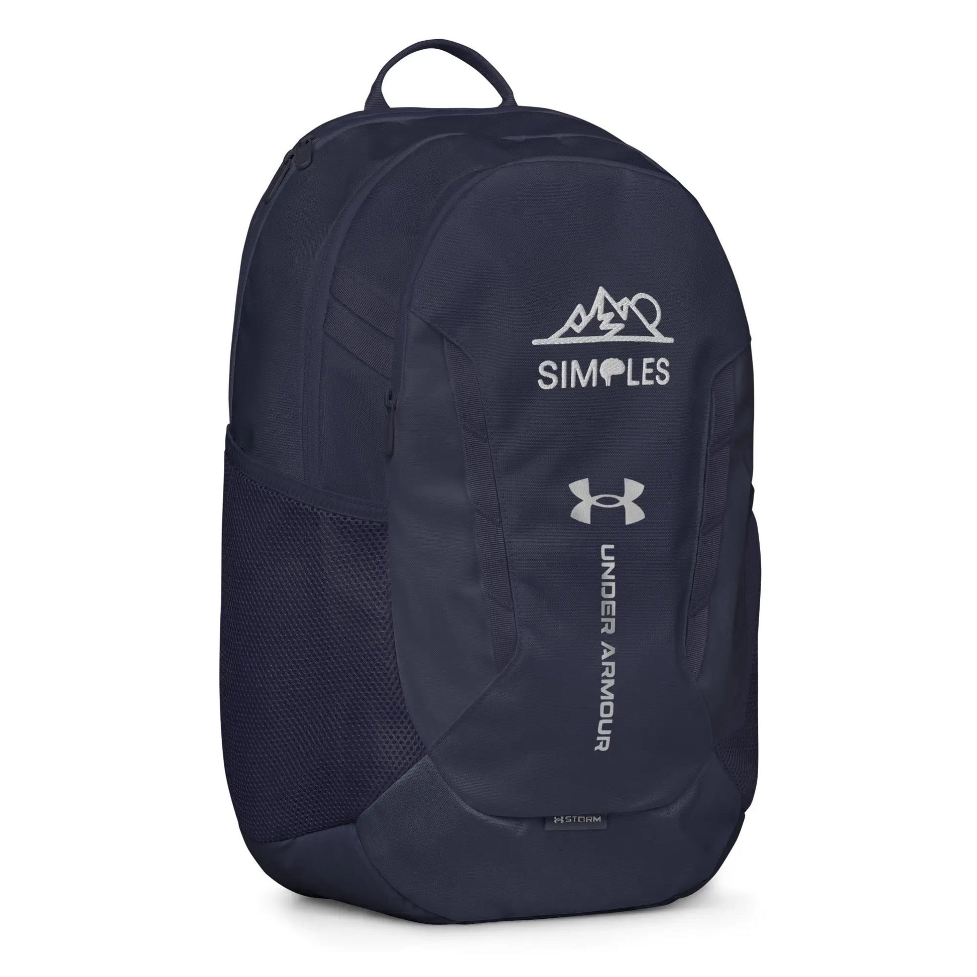 Under Armour navy backpack with top grab handle and visible UA logo
