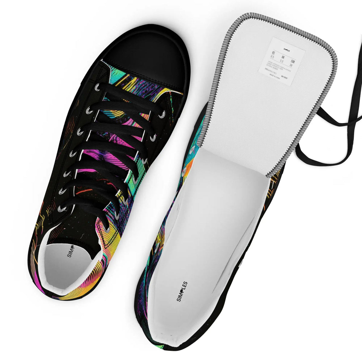 Women's high-top canvas sneakers by Simples Market; two colorways shown: black with colorful pattern and white.
