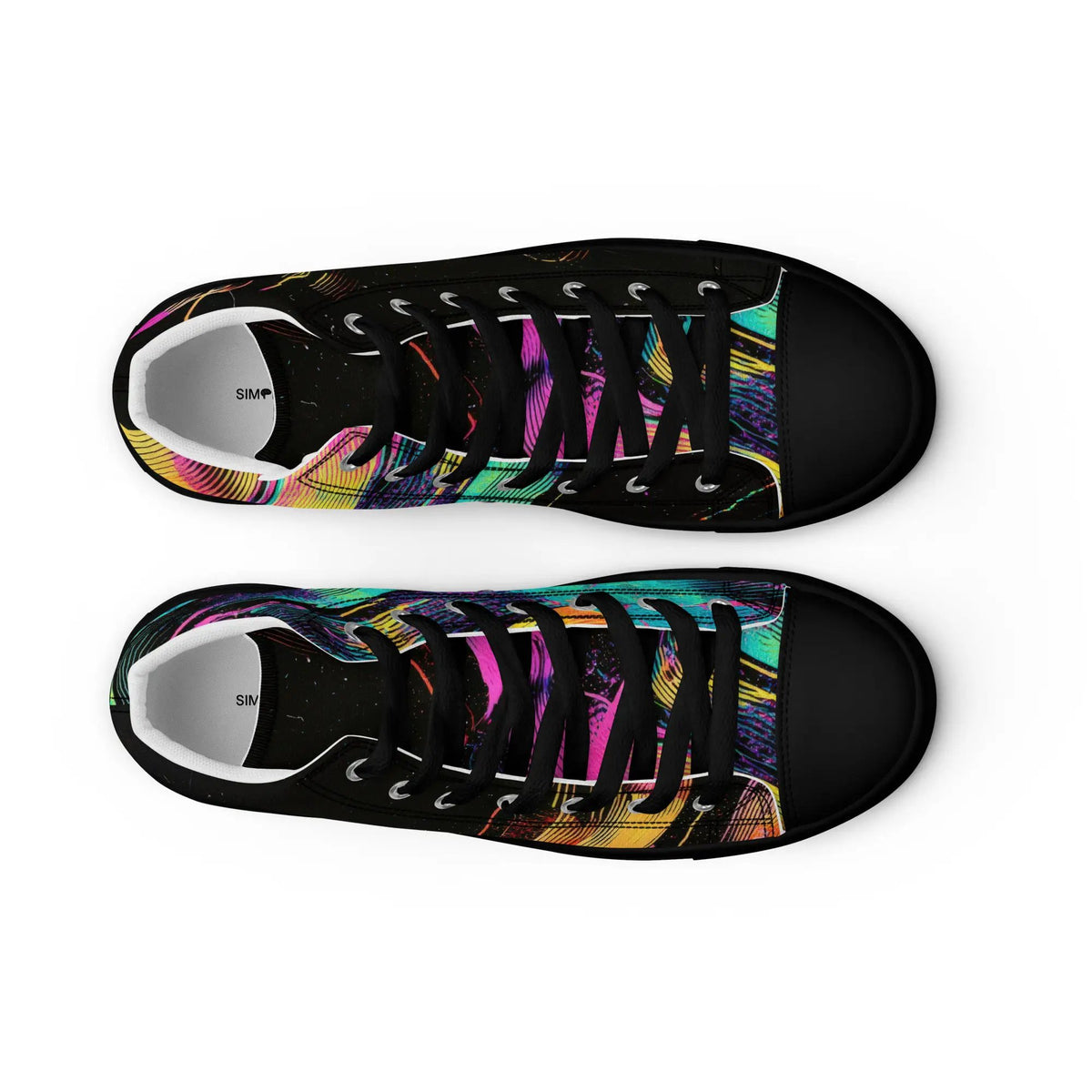Women’s high-top canvas sneakers by Simples Market; black base with colorful abstract pattern, set of 3
