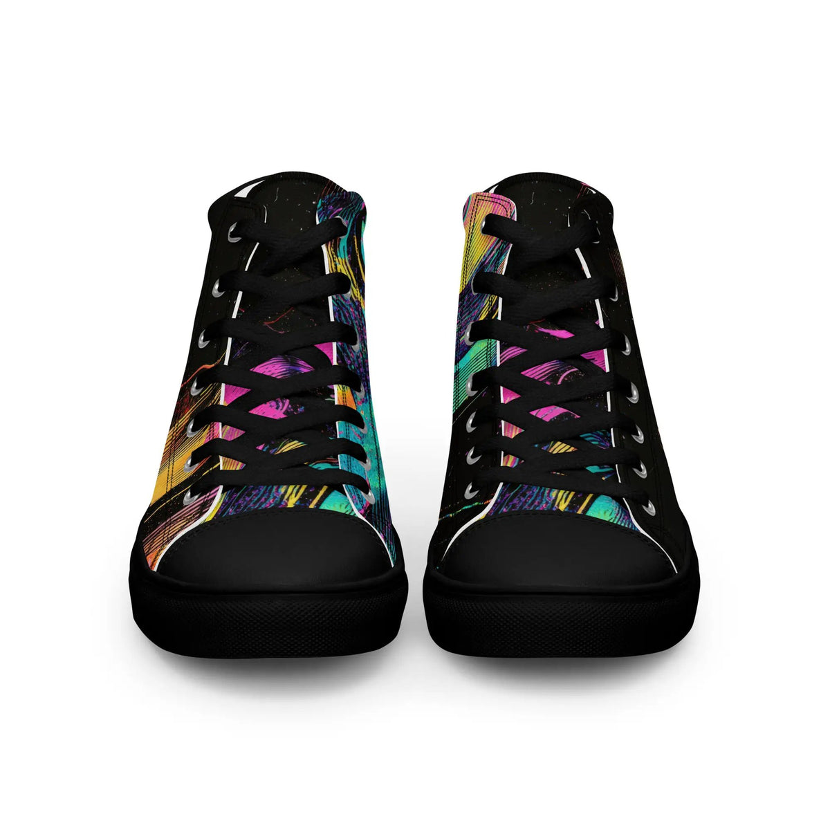 Women’s high-top canvas sneakers by Simples Market, black with colorful paint-splatter pattern, pair