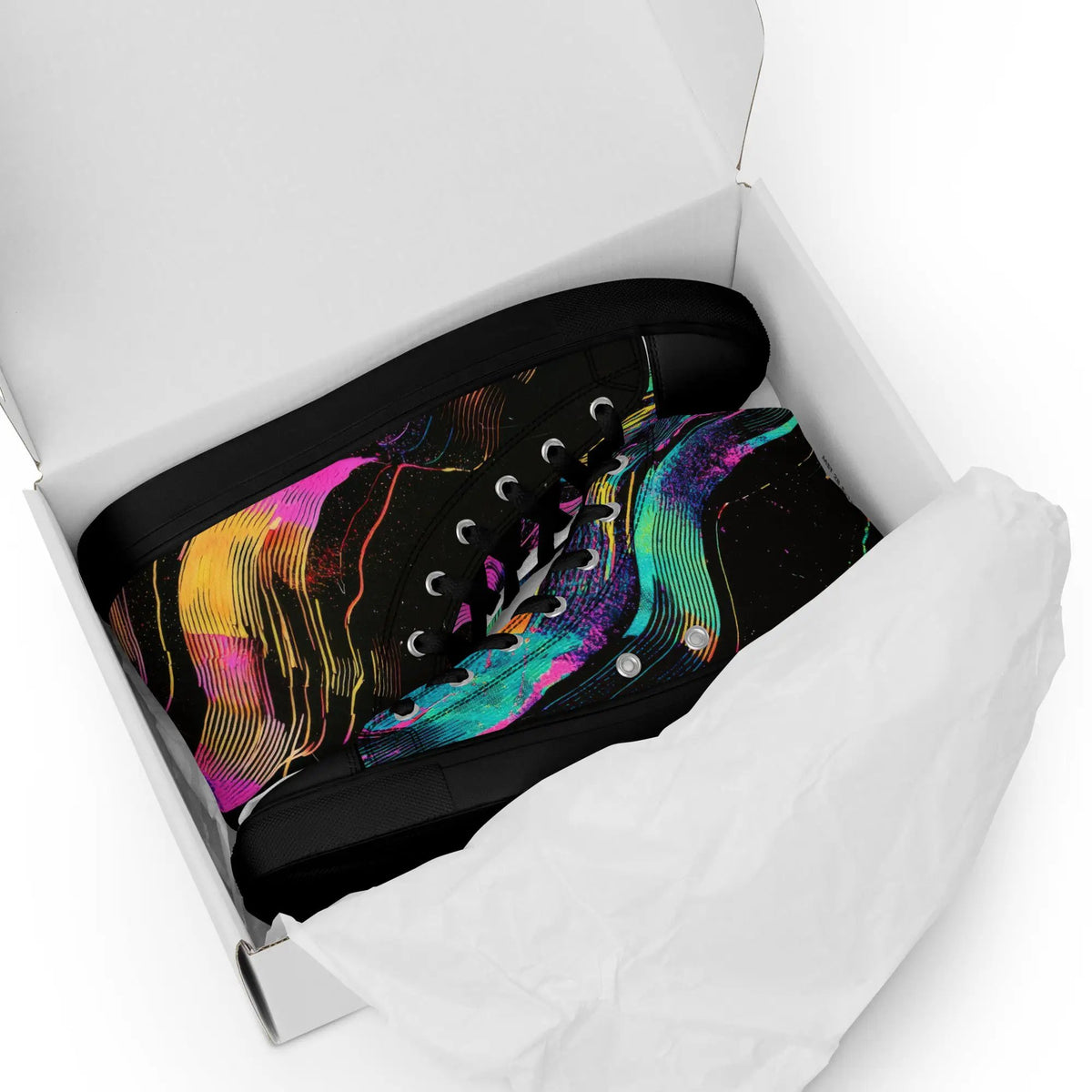 Women’s high-top canvas sneakers by Simples Market with colorful abstract print in a shoebox