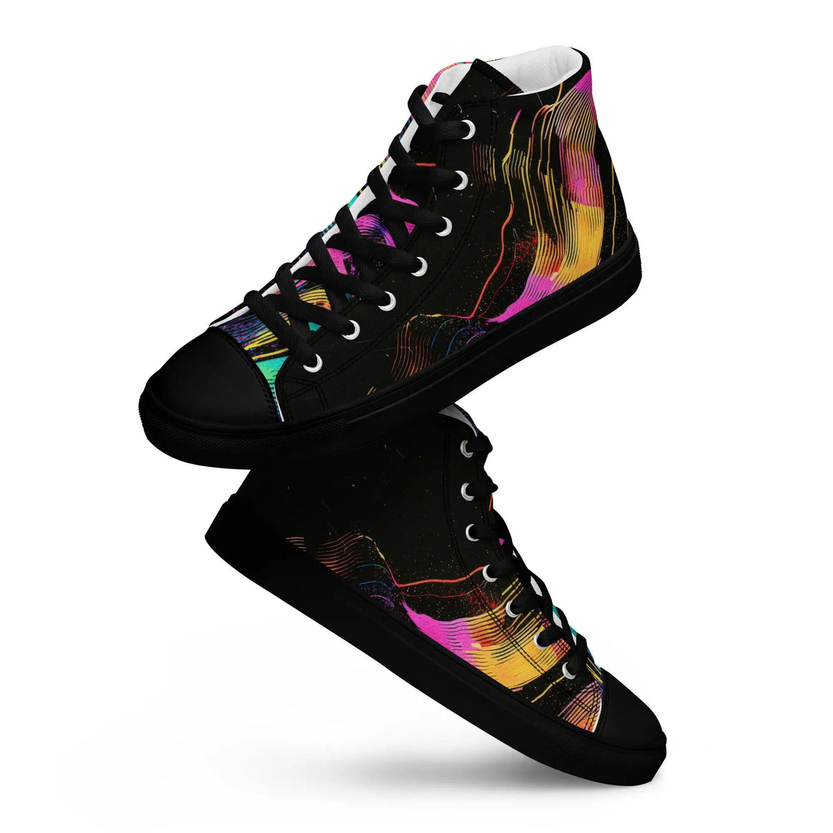 Women’s high-top canvas shoe by Simples Market, black with colorful abstract pattern and black laces.