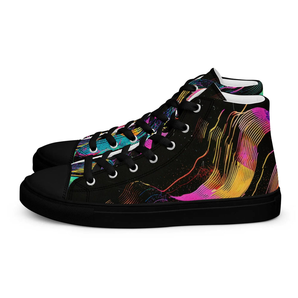 Women's high-top canvas sneakers with a black base and vibrant multicolor abstract print.