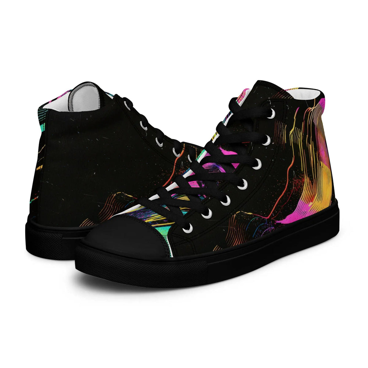 Simples Market women’s high-top canvas sneakers, black with colorful paint-splash accents, pair shown.