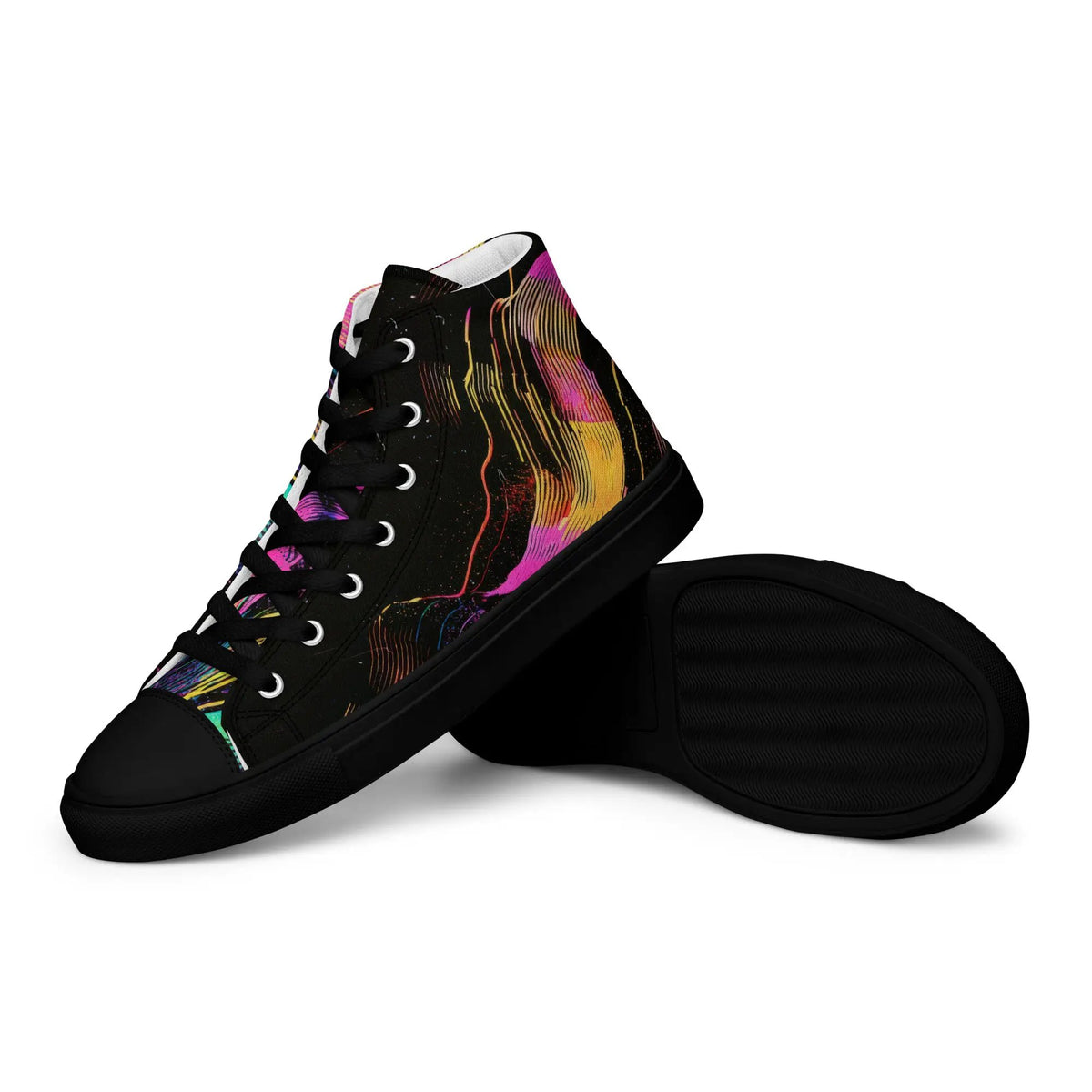 Women’s high-top canvas sneaker by Simples Market, black with multicolor splash pattern