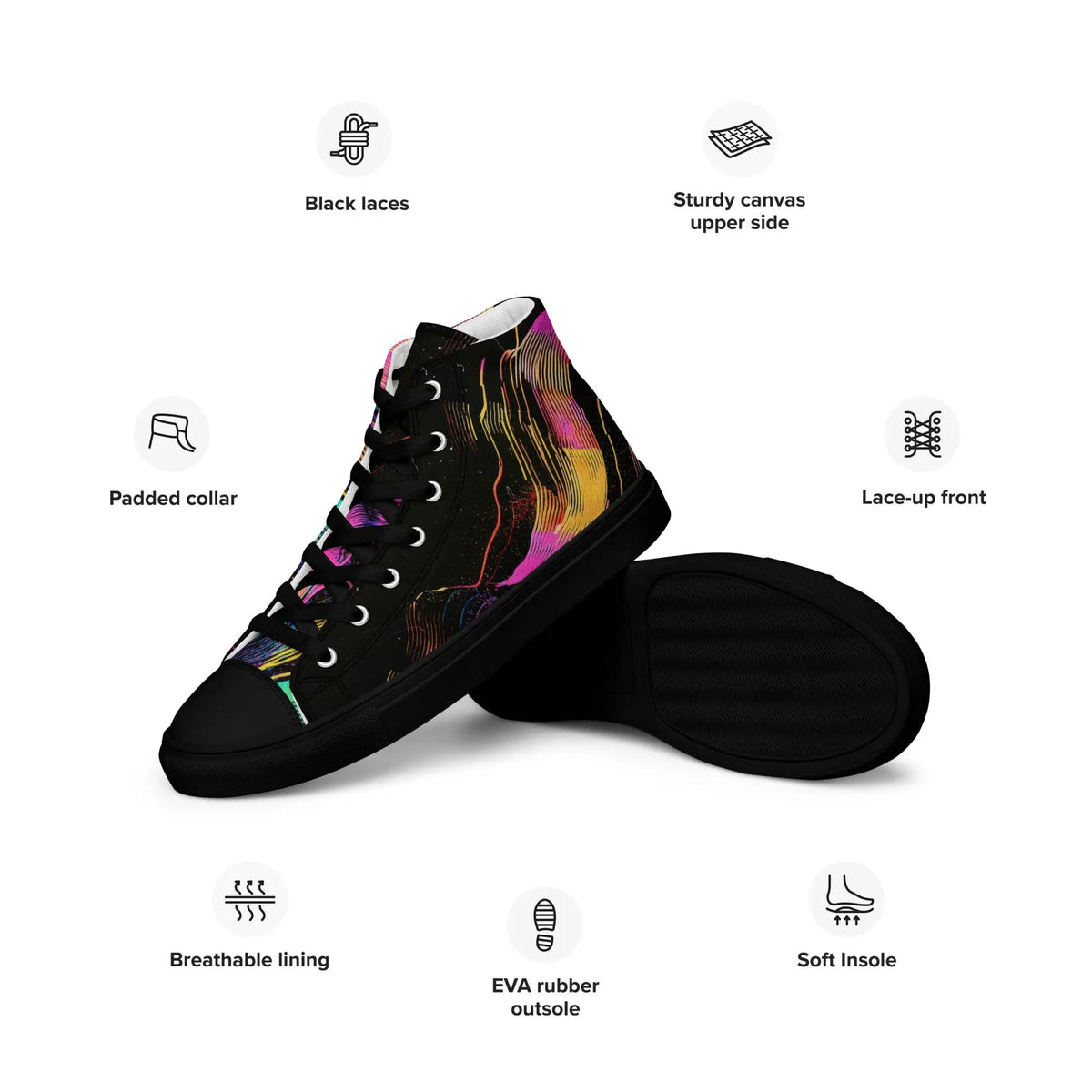 Women’s high-top canvas sneakers by Simples Market in black with a colorful abstract print