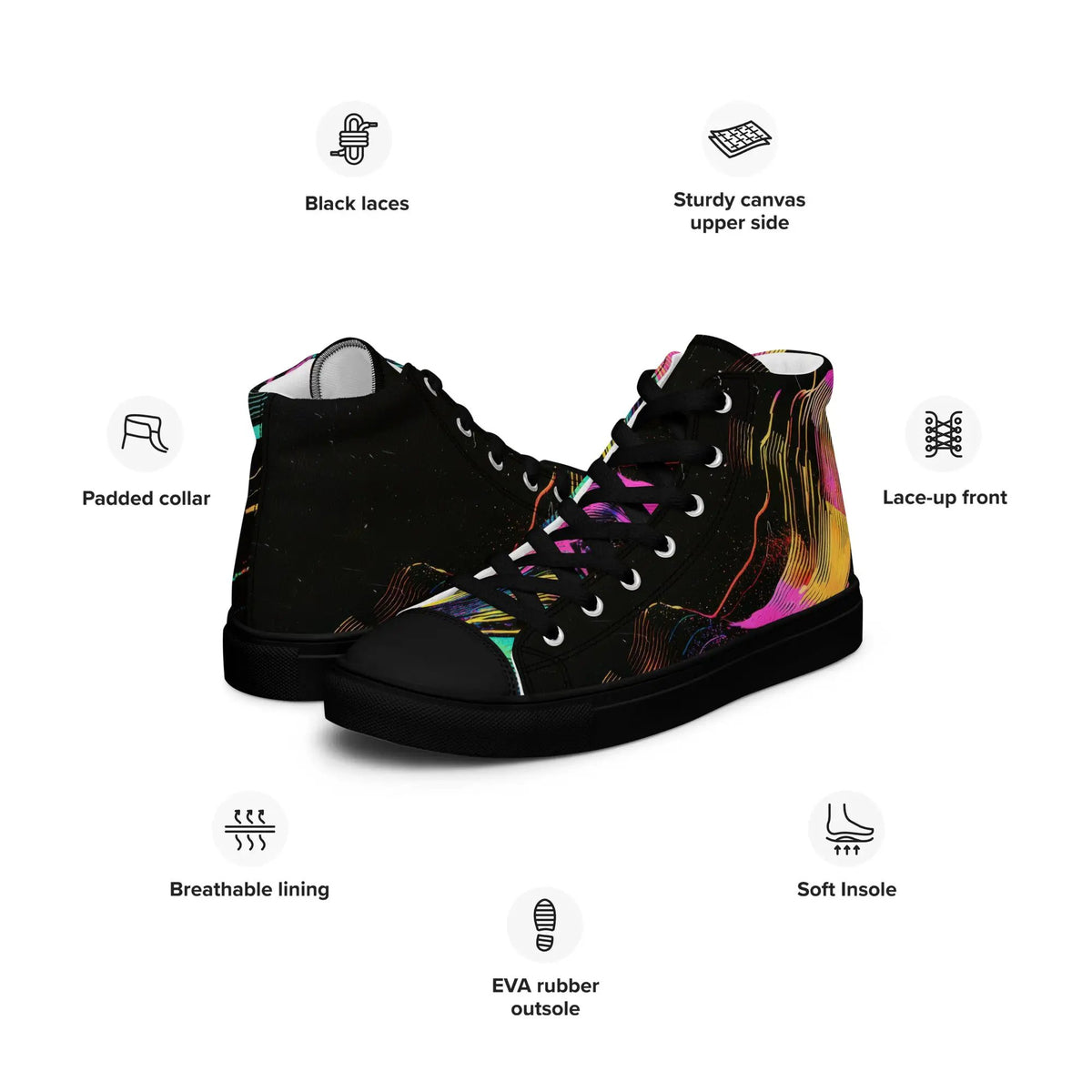Pair of Women’s high-top canvas sneakers by Simples Market, black with colorful paint-splatter design.