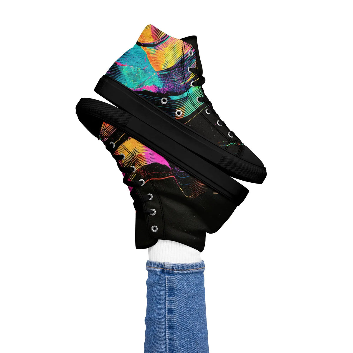 Simples Market women's high-top canvas sneakers with a vibrant multicolor abstract pattern.