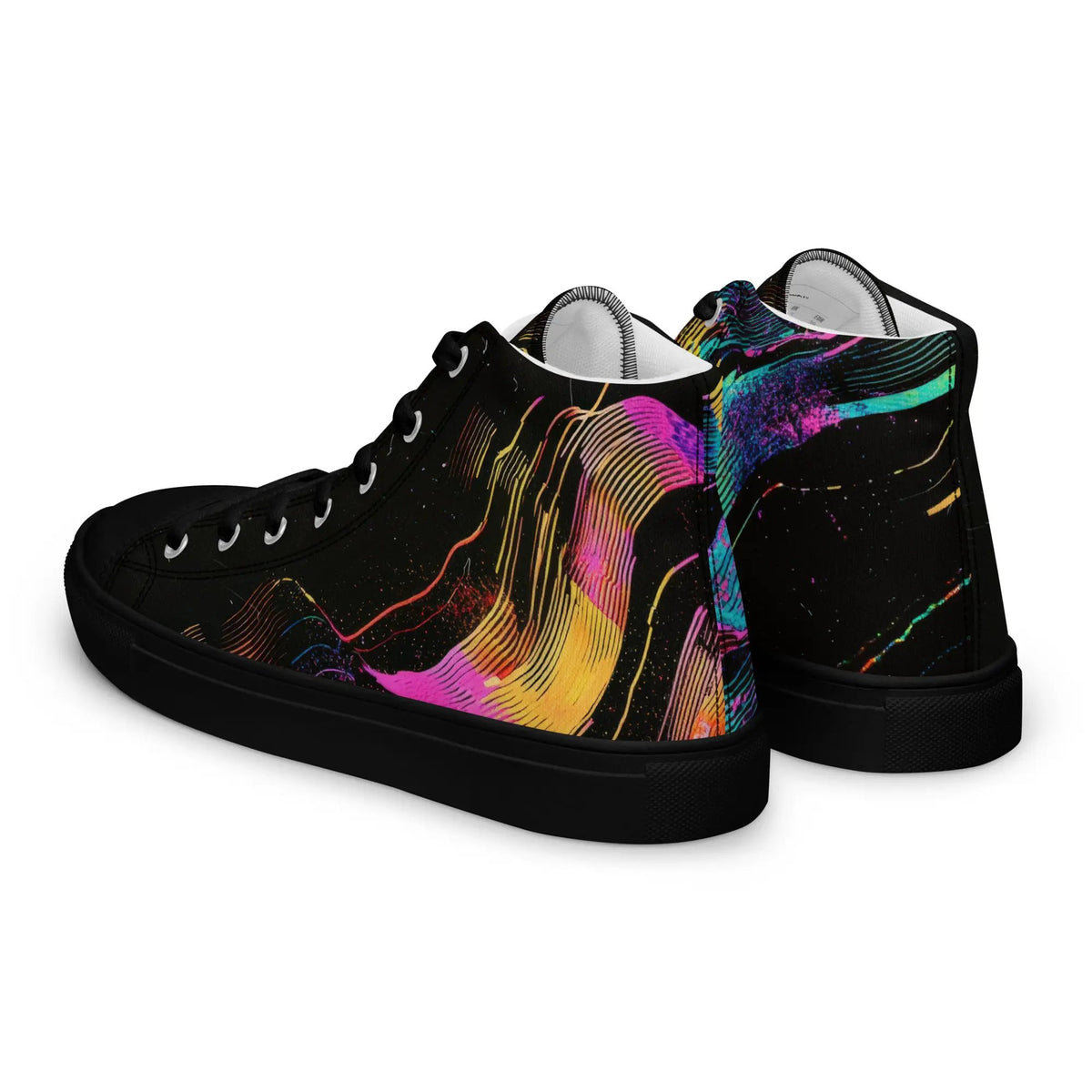 Women's high-top canvas shoes by Simples Market; black base with vibrant multicolor abstract print