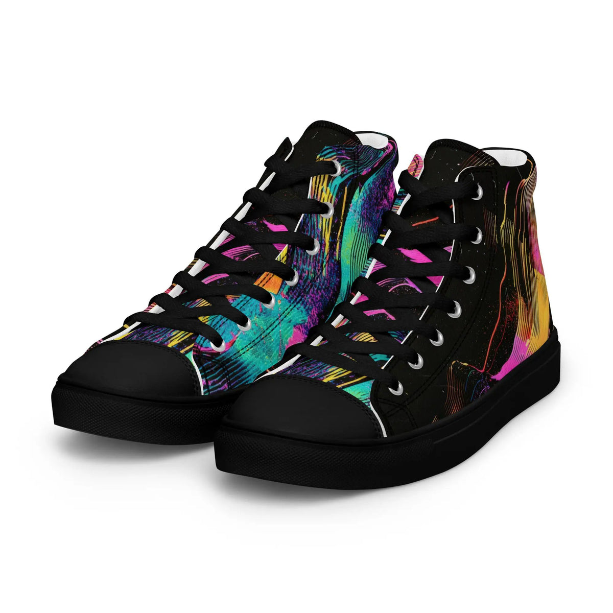 Women’s high-top canvas sneakers by Simples Market, black base with colorful paint-splatter design (pair)