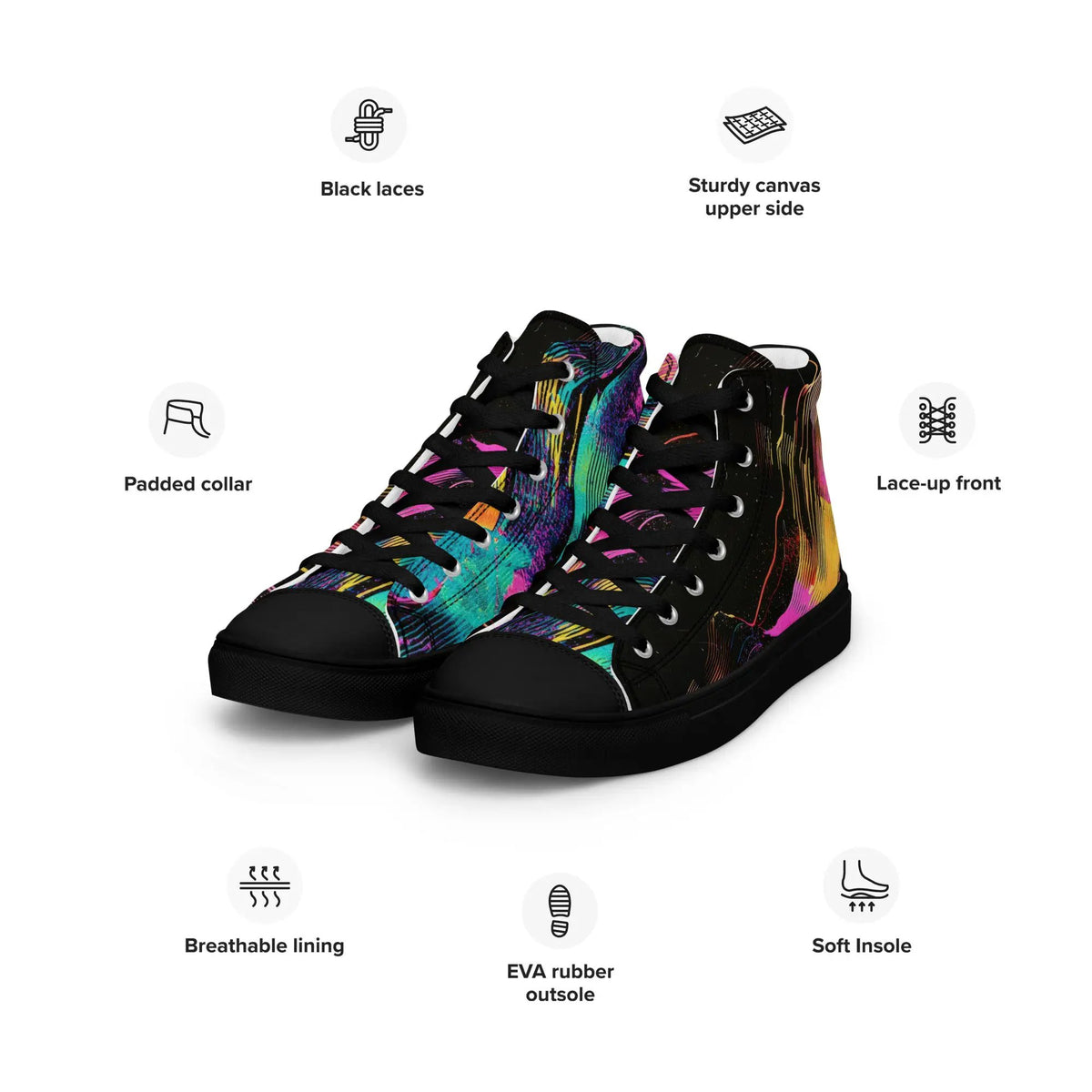 Women’s high-top canvas sneakers by Simples Market in a vibrant paint-splatter design.