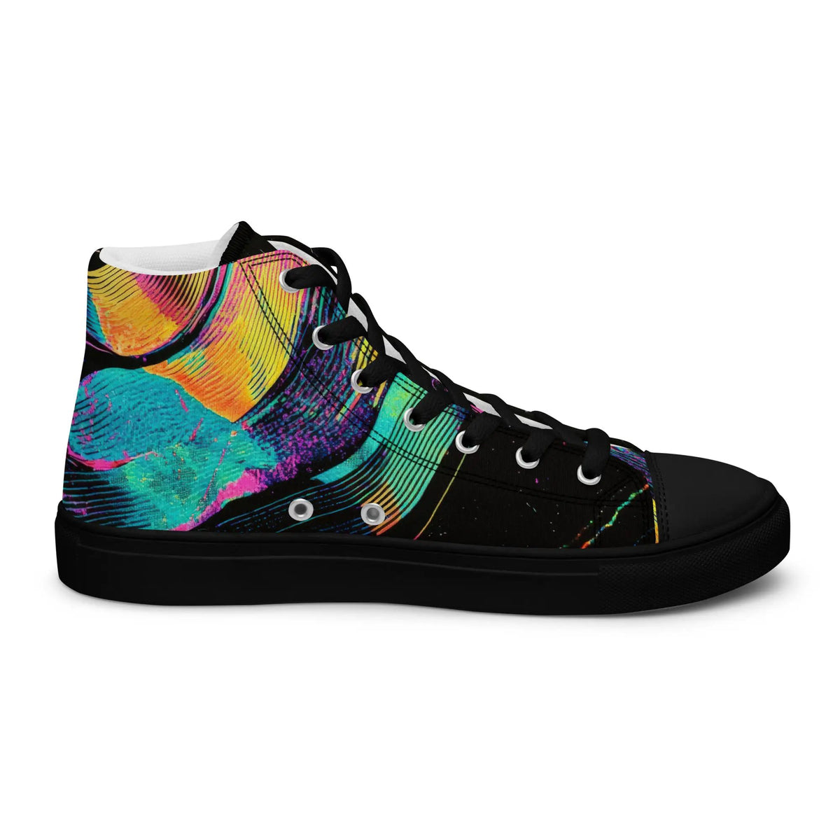 Women’s high-top canvas sneakers by Simples Market with a vibrant multicolor abstract print and black laces