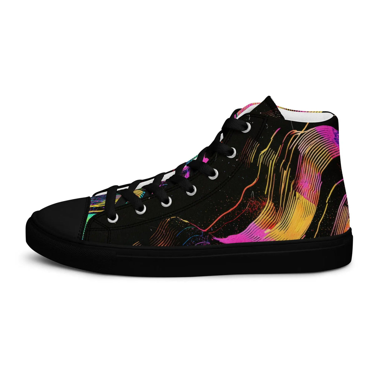 Women’s high-top canvas sneakers by Simples Market with a black base and vibrant multicolor print.