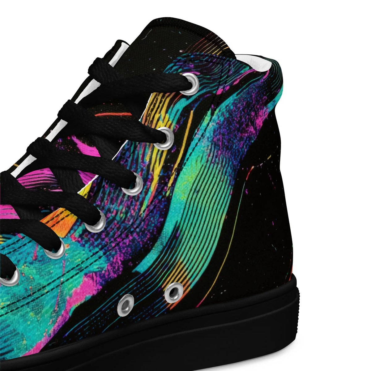 Women's high-top canvas sneakers by Simples Market; vibrant multicolor swirl pattern with black laces.