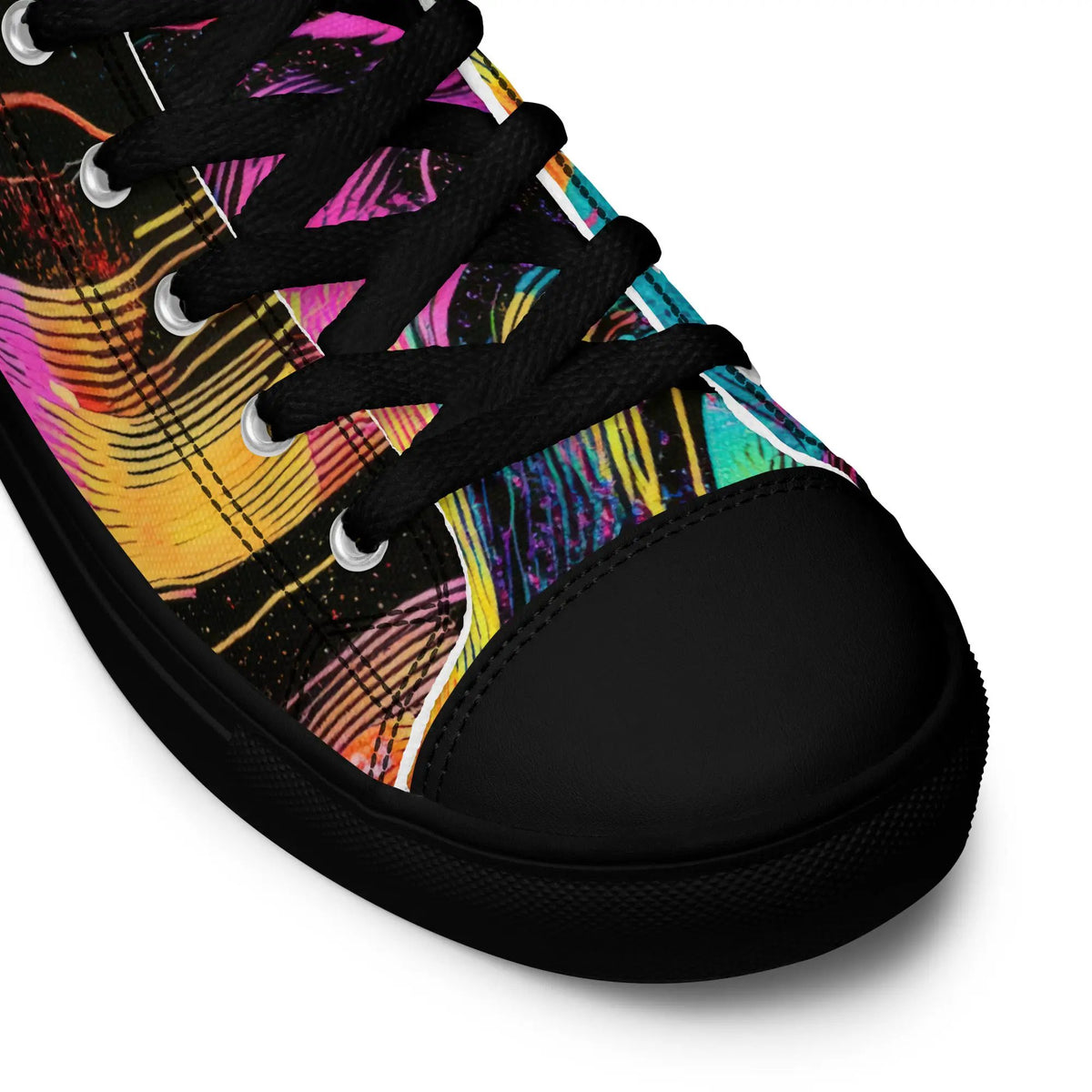 Women's high-top canvas sneakers by Simples Market with black laces and a rainbow pattern.