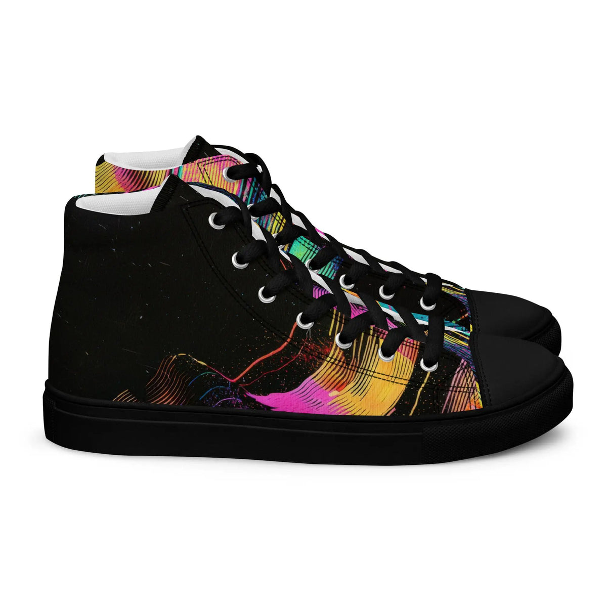 Women’s high-top canvas sneakers by Simples Market, black with colorful abstract side panel and black laces.
