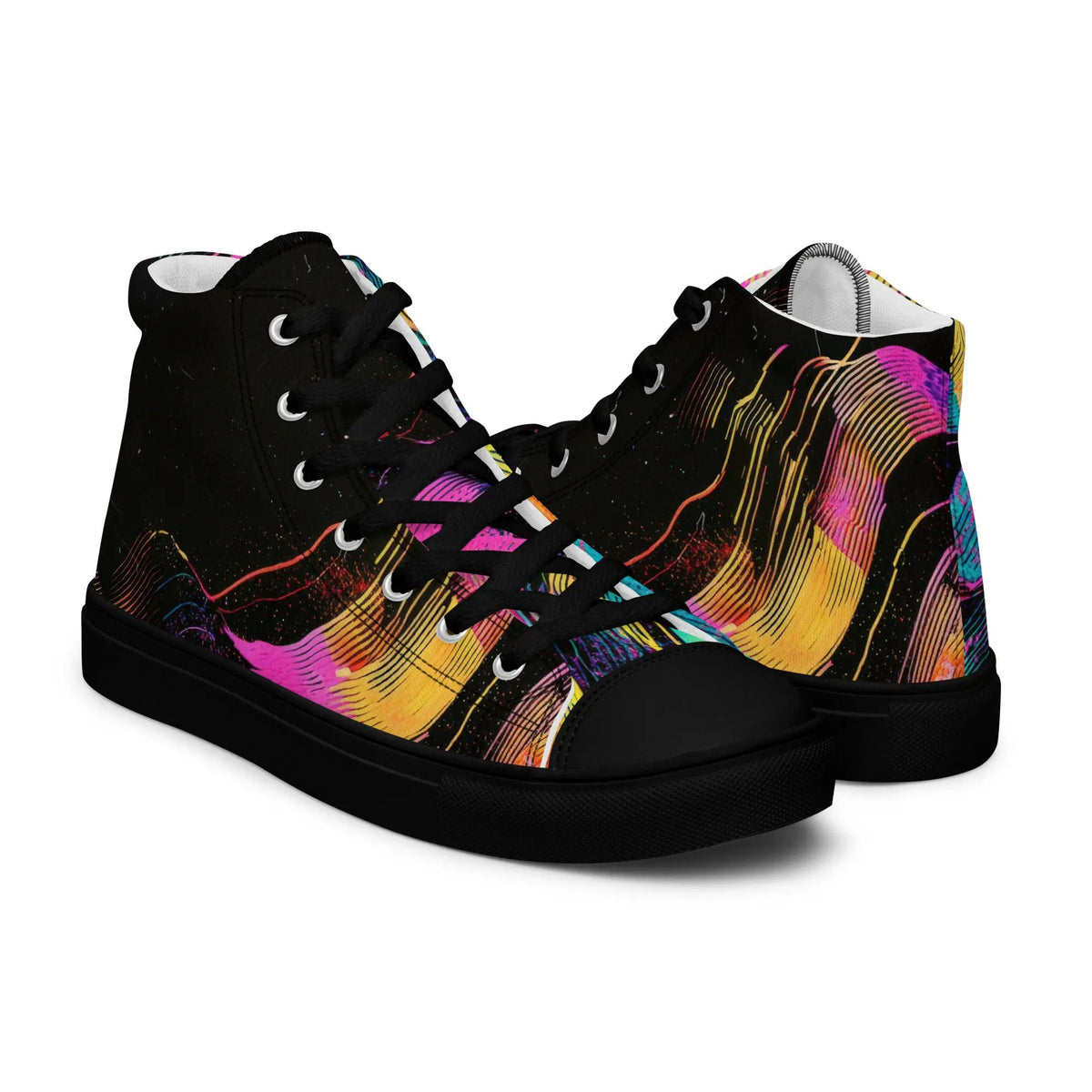 Women's high-top canvas sneakers by Simples Market; black with colorful paint-splatter pattern, pair