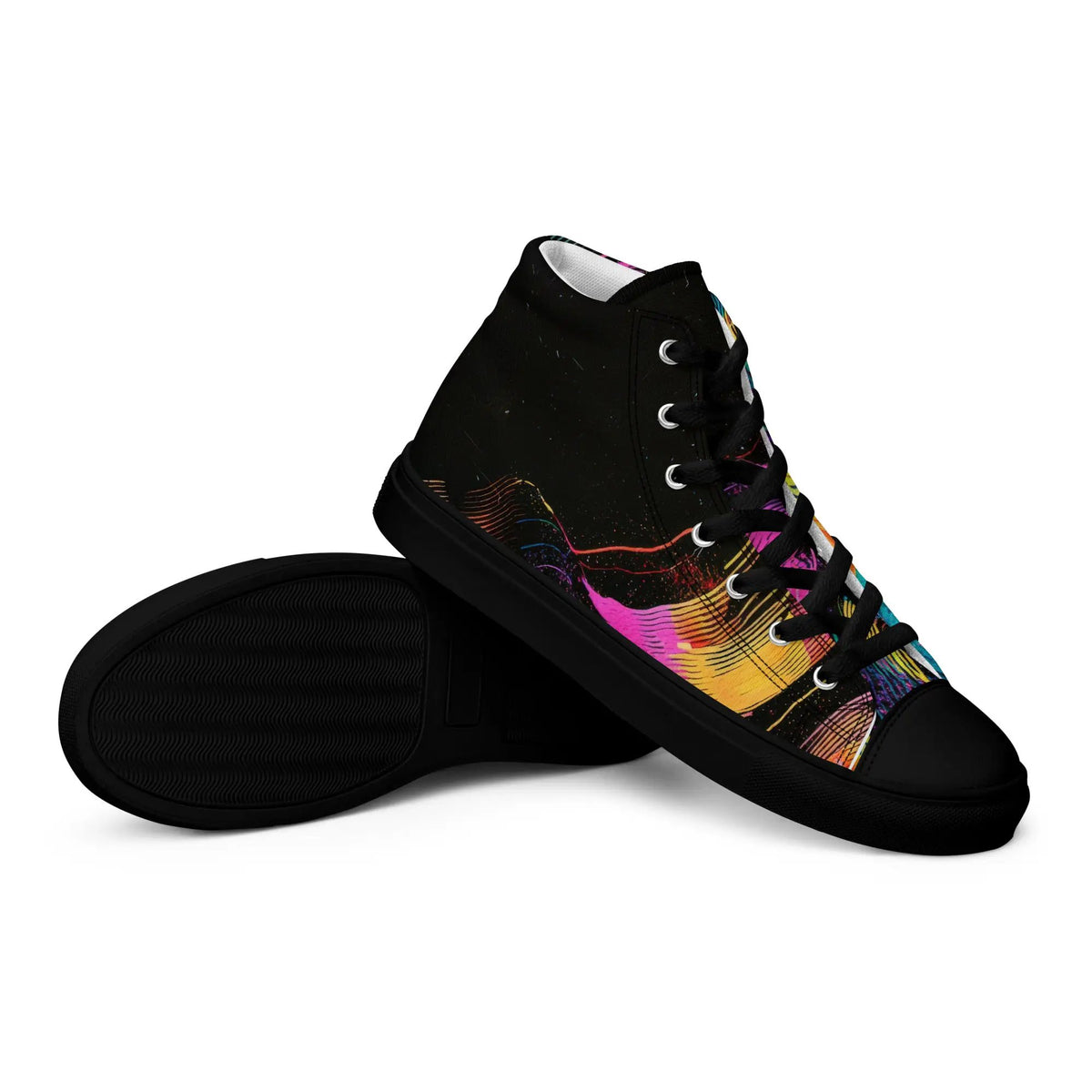 Women’s high-top canvas sneakers by Simples Market in black with a paint-splatter pattern
