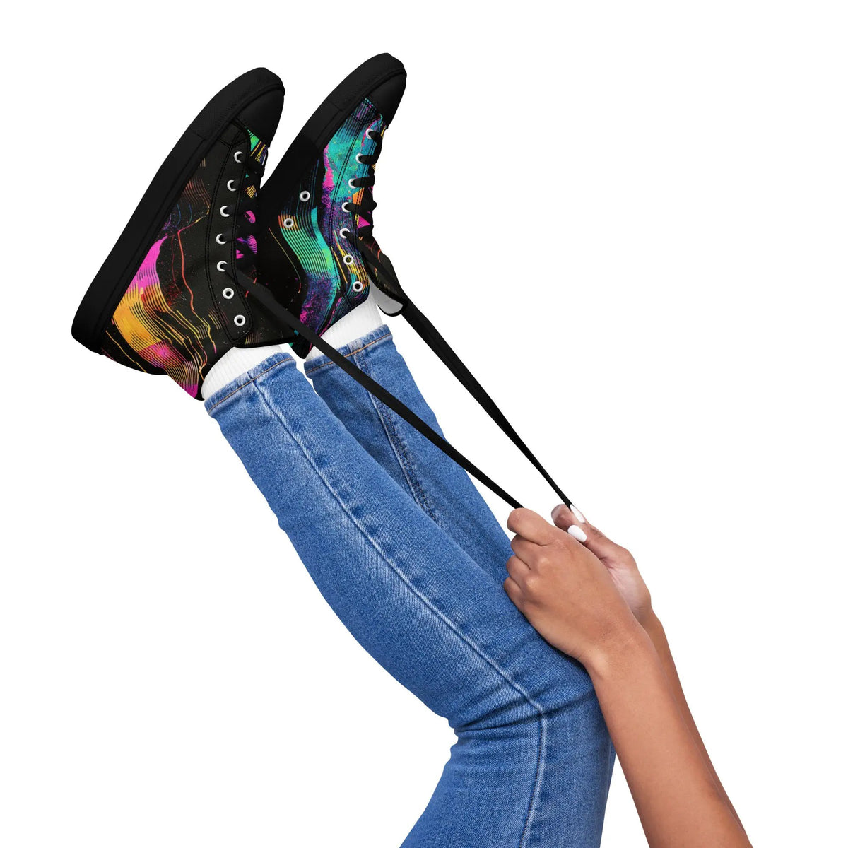 Pair of women’s high-top canvas sneakers by Simples Market, black with colorful abstract print