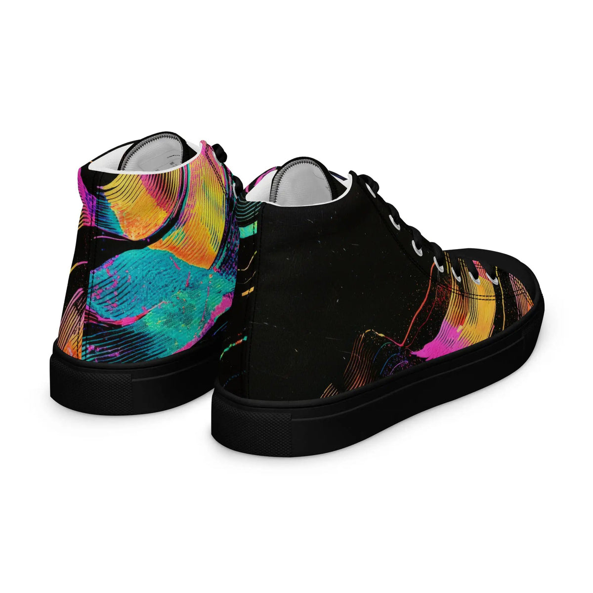 Women’s high-top canvas sneakers by Simples Market; black base with colorful paint-splatter pattern (2 shoes)
