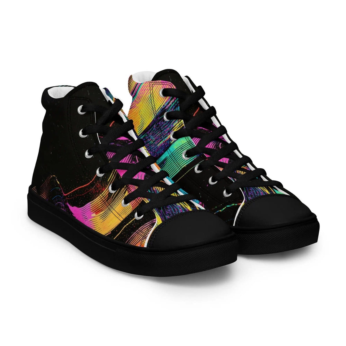 Women’s high-top canvas sneakers by Simples Market; black with colorful rainbow splash pattern (pair).