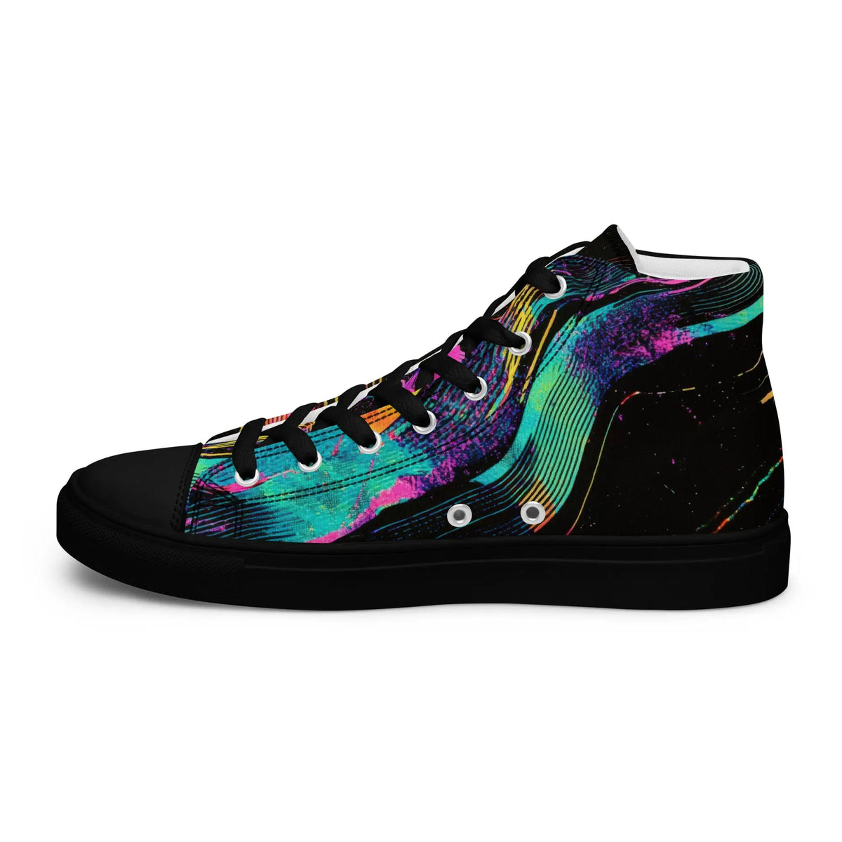 Women’s high-top canvas sneakers by Simples Market in black with multicolor paint-splash pattern