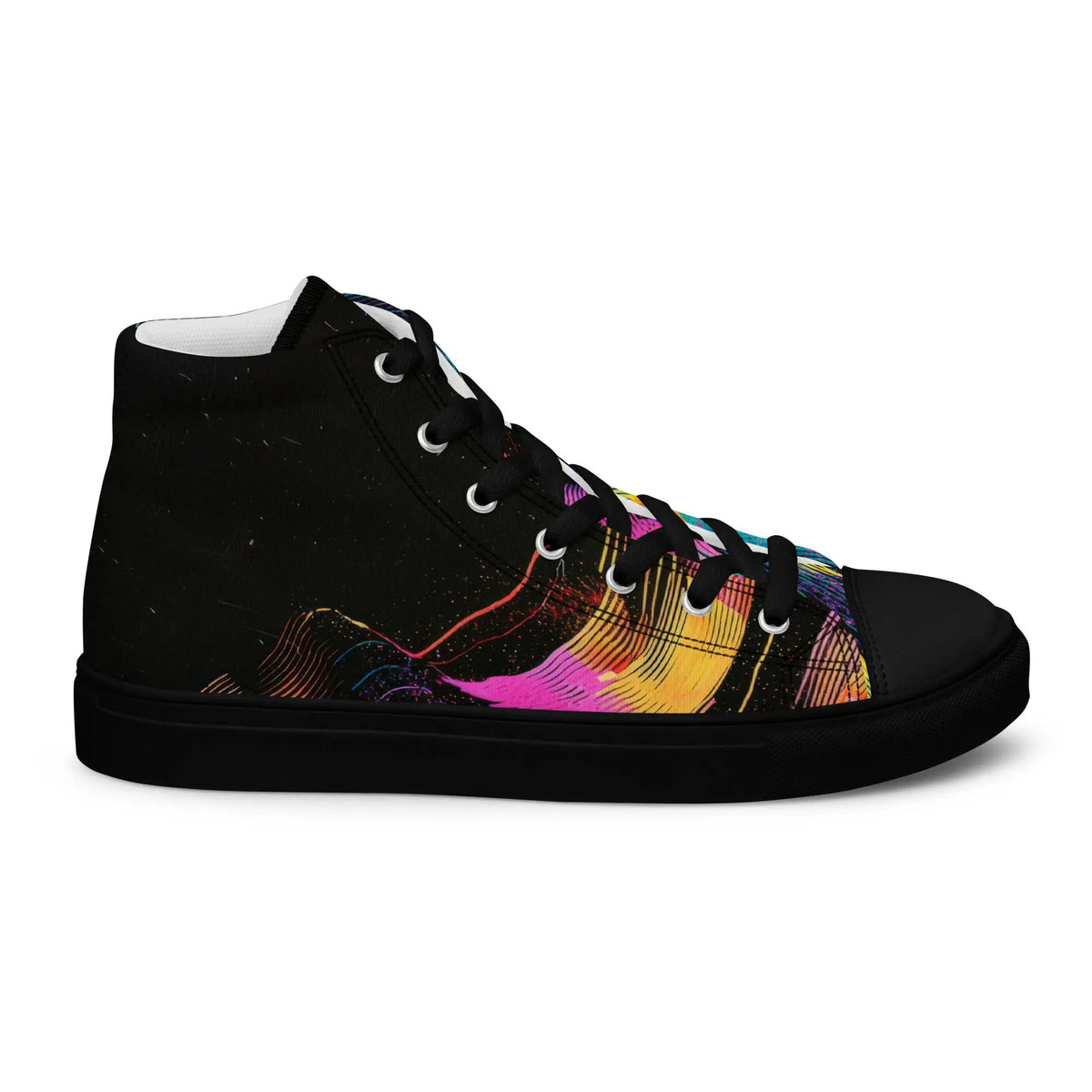 Women's high-top canvas sneakers in black with multicolor abstract brushstroke design by Simples Market