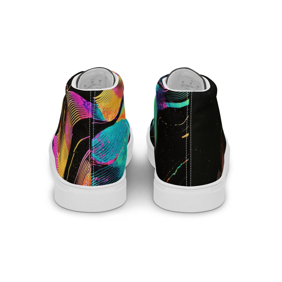 Women’s high-top canvas shoes by Simples Market, pair in vibrant multicolor and black.
