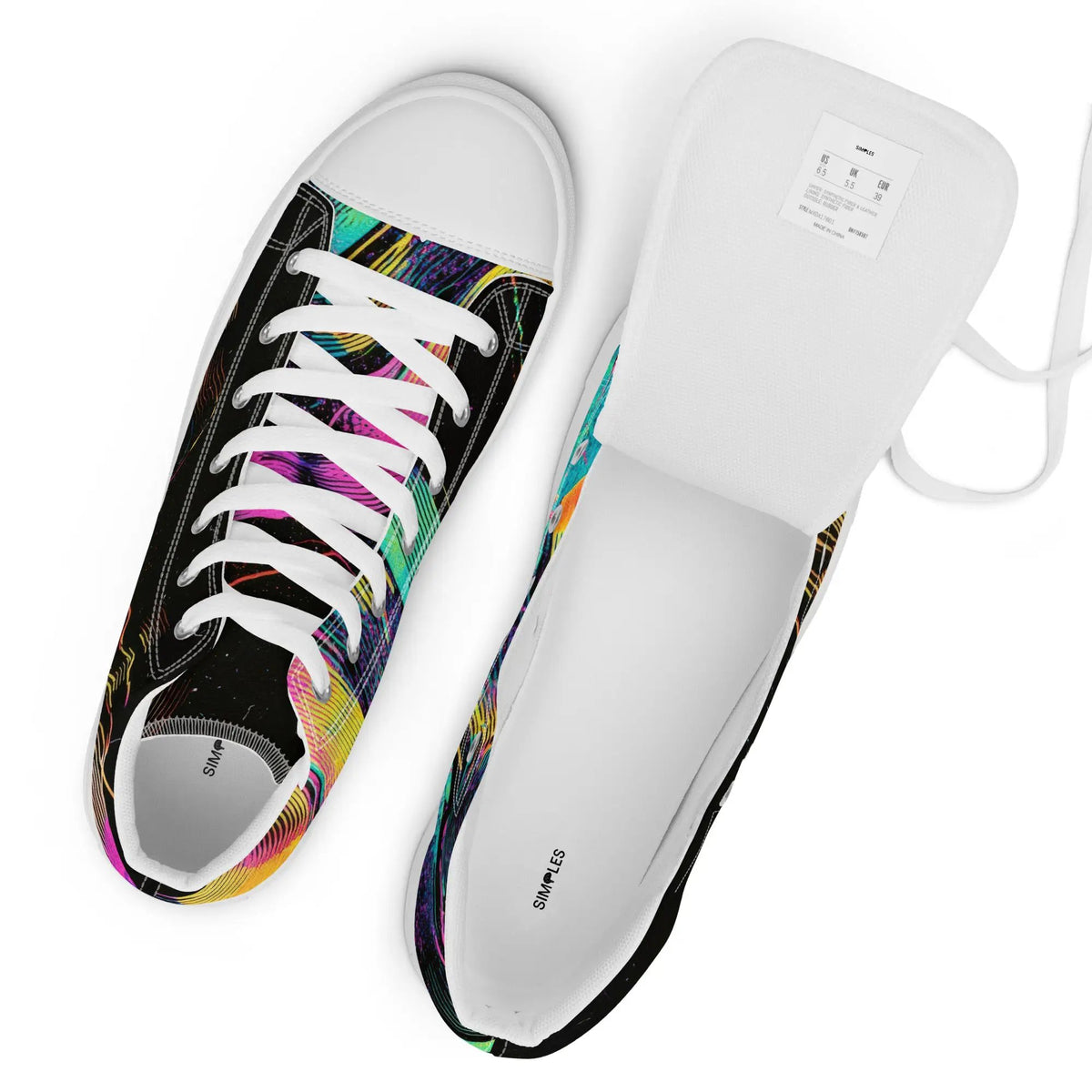 Women's high-top canvas sneakers by Simples Market, white with colorful abstract side panels; pair shown.
