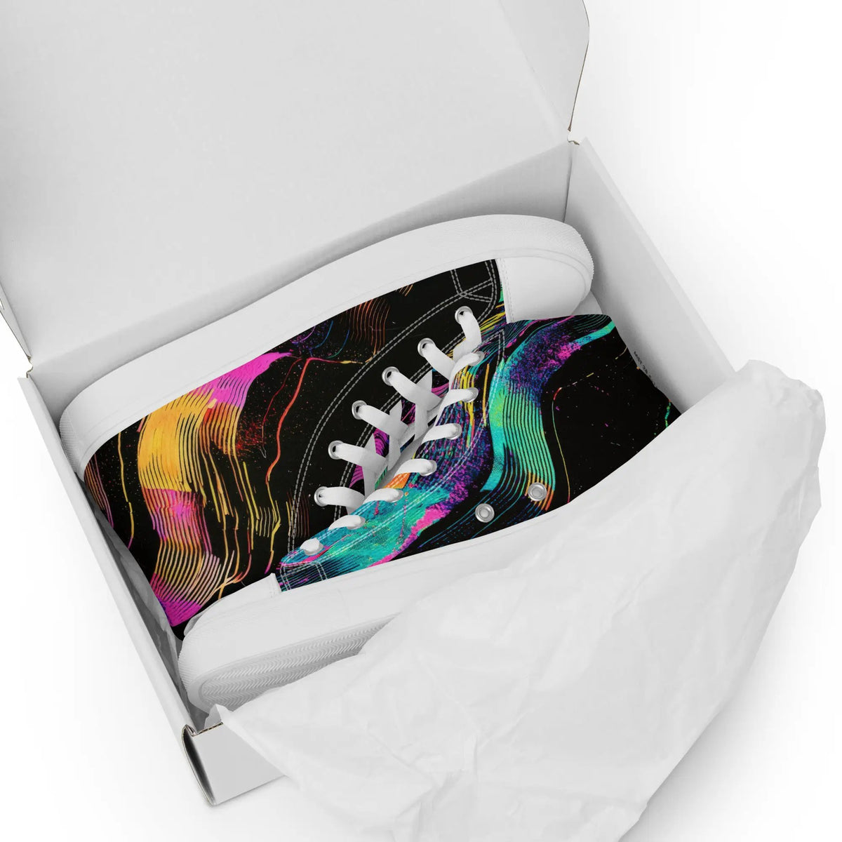 Women's high-top canvas sneakers by Simples Market in a vivid multicolor print with white sole and laces