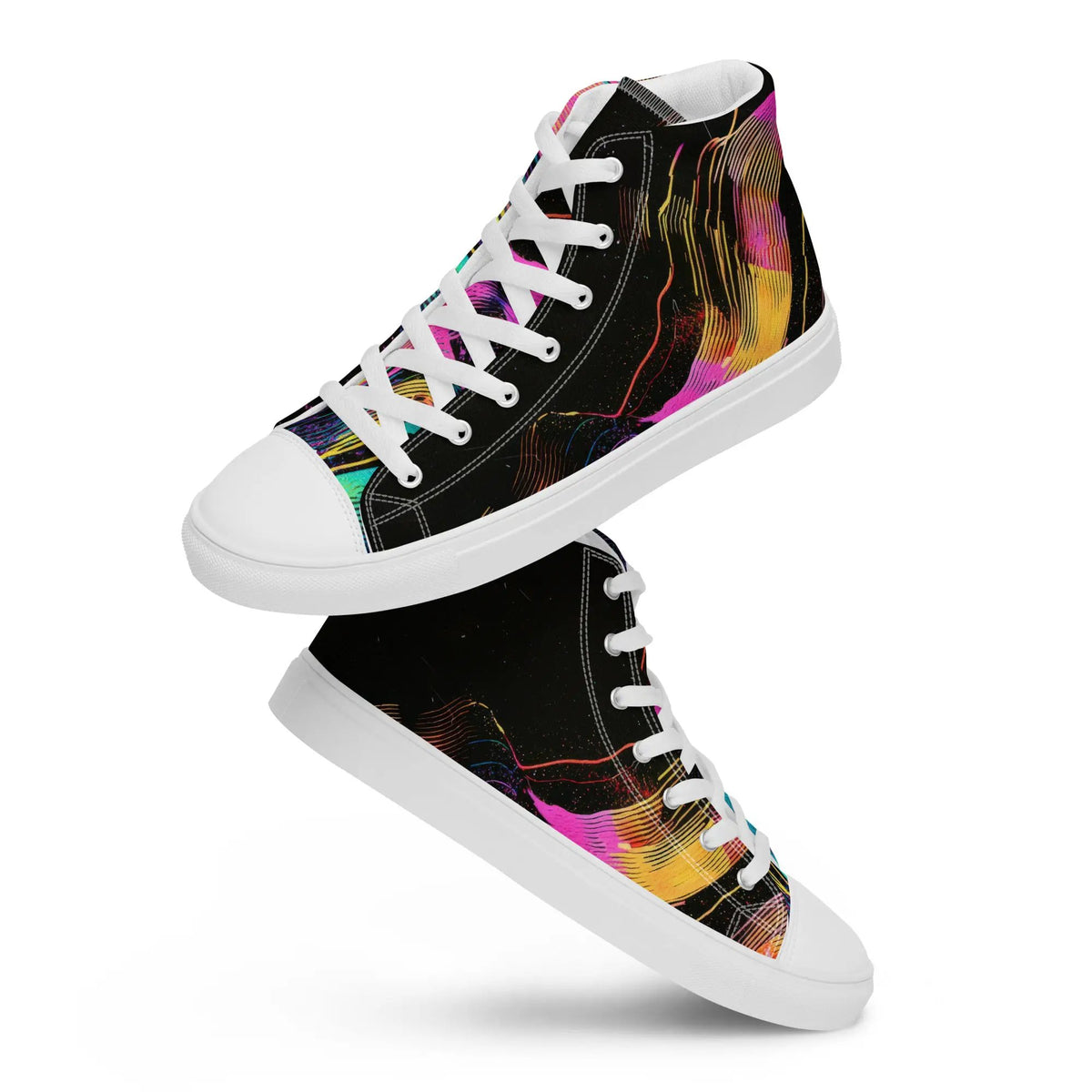 Women’s high-top canvas sneakers by Simples Market in black with vibrant multicolor abstract pattern and white laces.