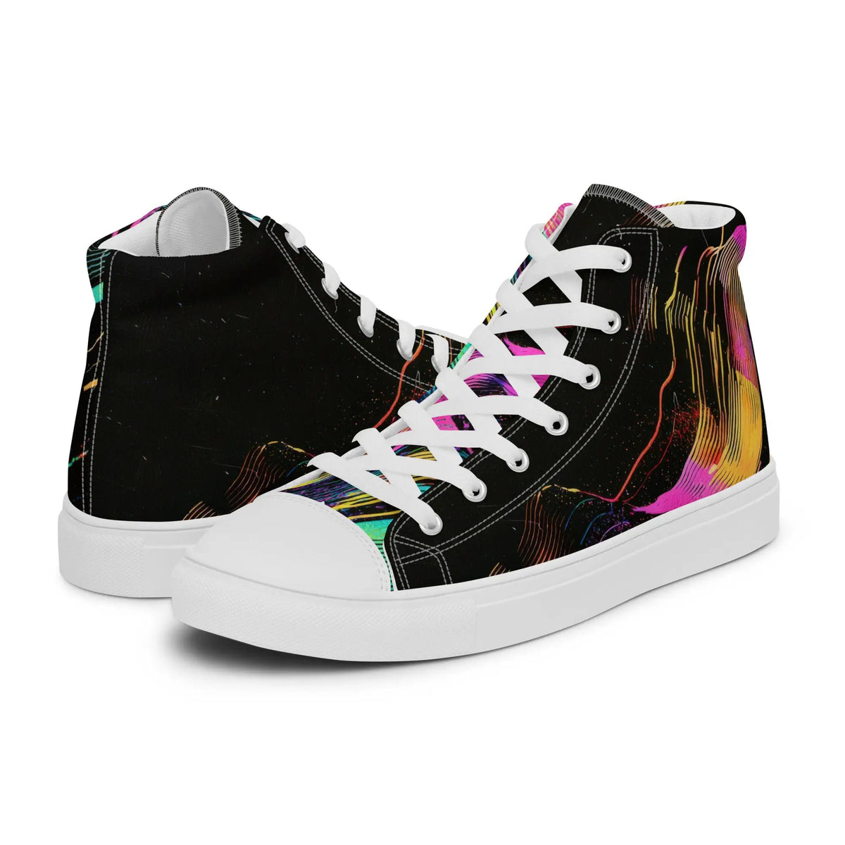 Pair of Simples Market women's high-top canvas sneakers; black with colorful splash pattern and white laces