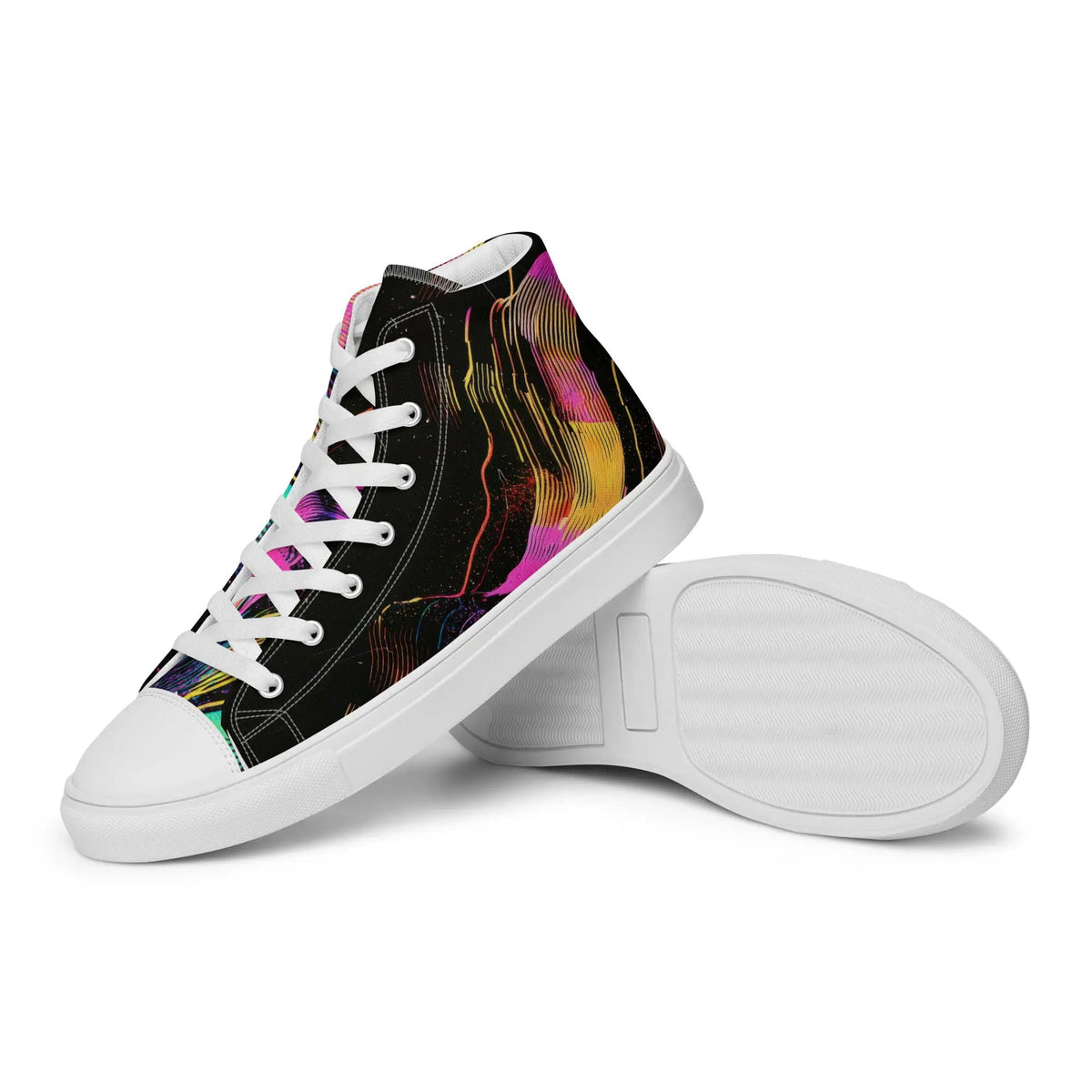 Women's high-top canvas sneakers by Simples Market with black base and colorful abstract pattern, toe cap and laces.