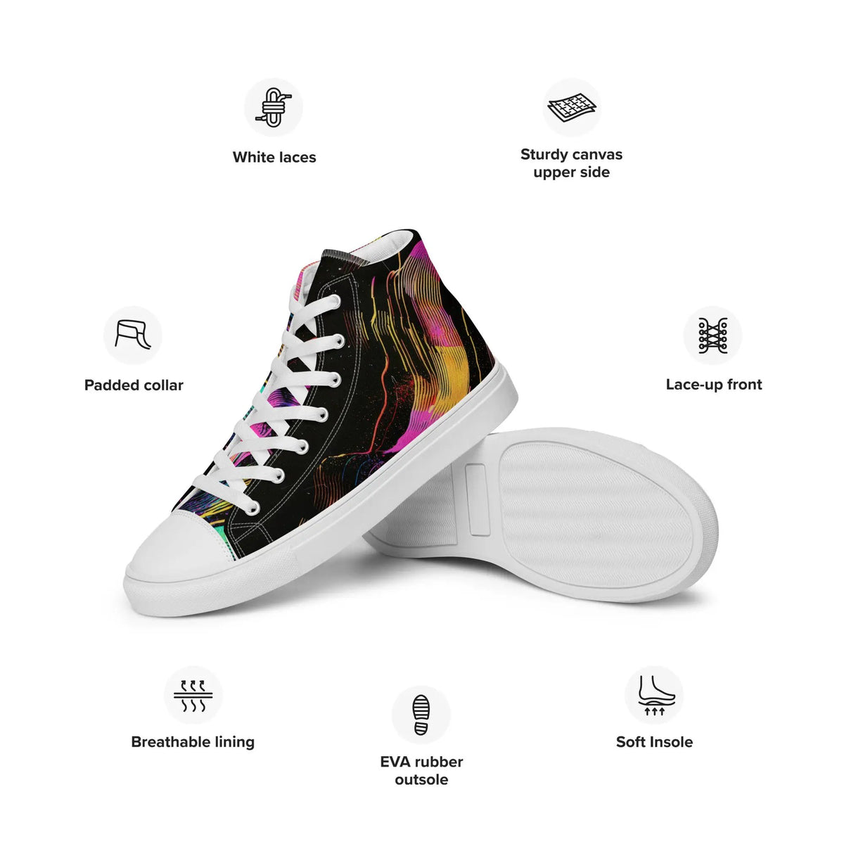 Women's high-top canvas sneakers, black with colorful pattern and white laces