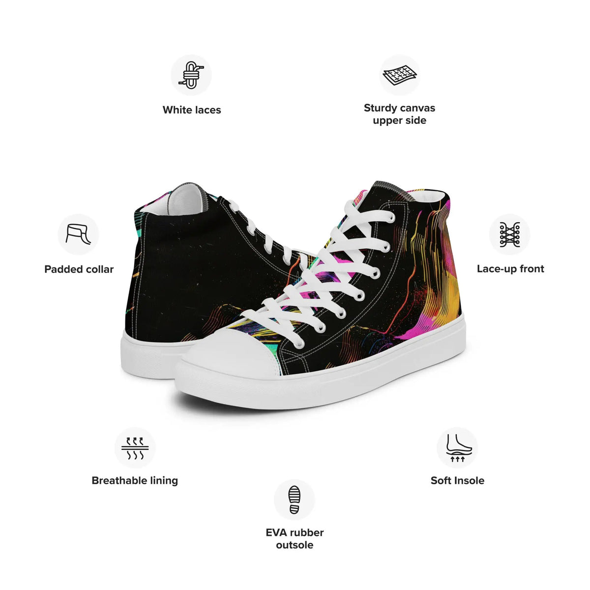 Pair of women’s high-top canvas sneakers by Simples Market; black with colorful splash pattern and white laces