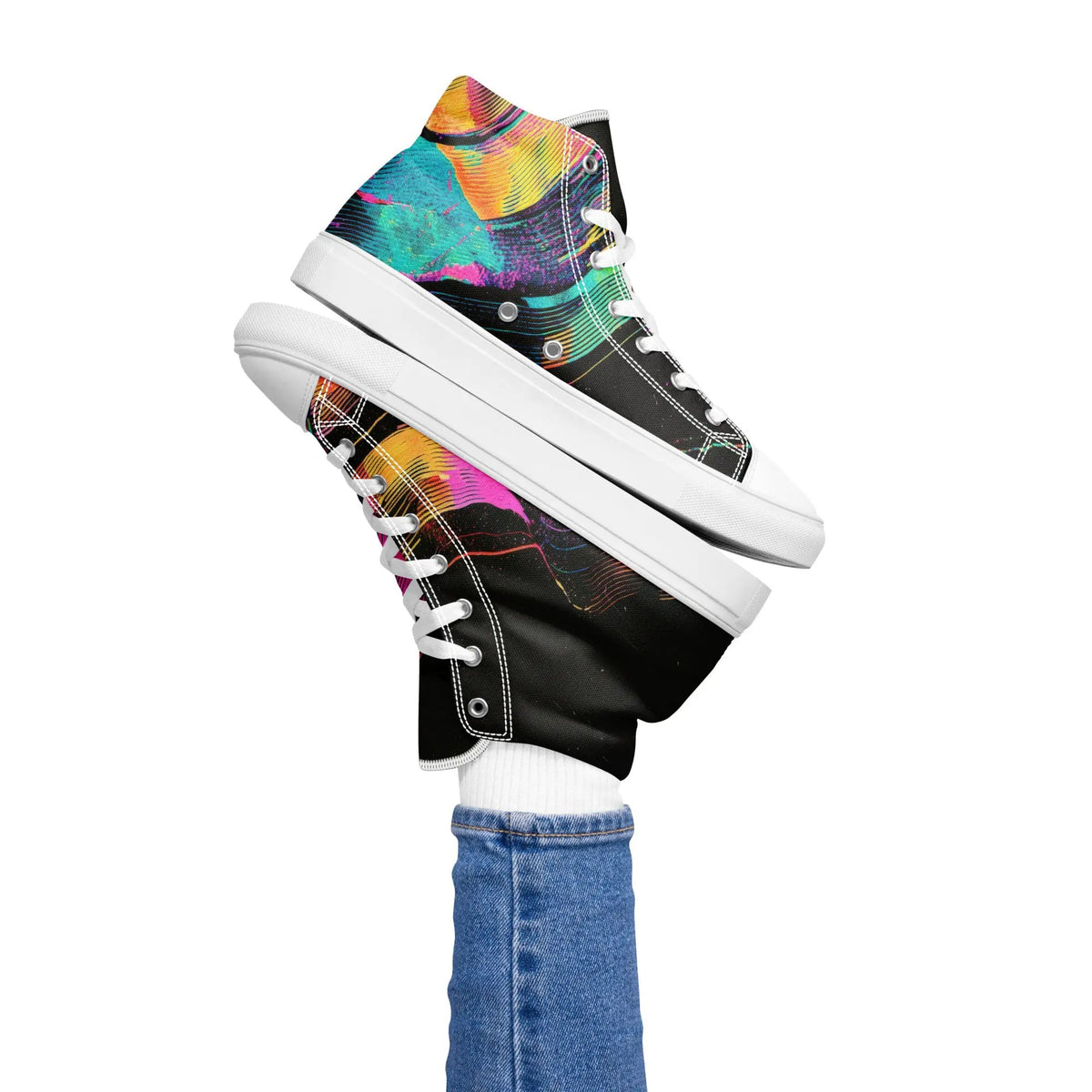Women's high-top canvas sneakers by Simples Market; colorful abstract print and white rubber sole