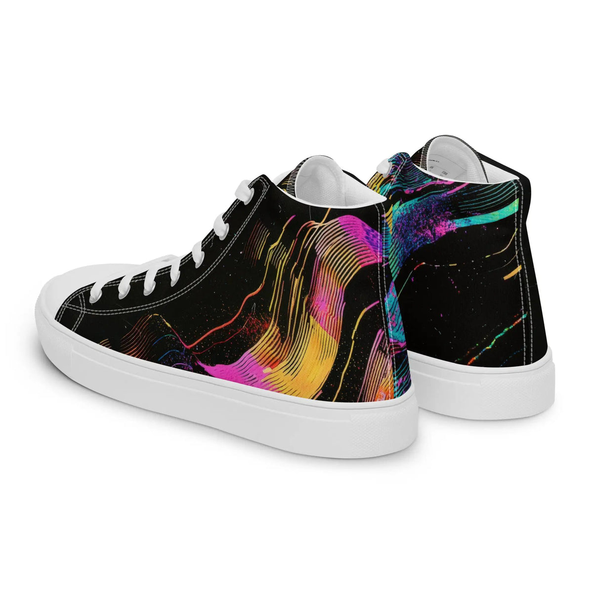 Women's high top canvas sneakers by Simples Market, black with vibrant multicolor brushstroke pattern, pair